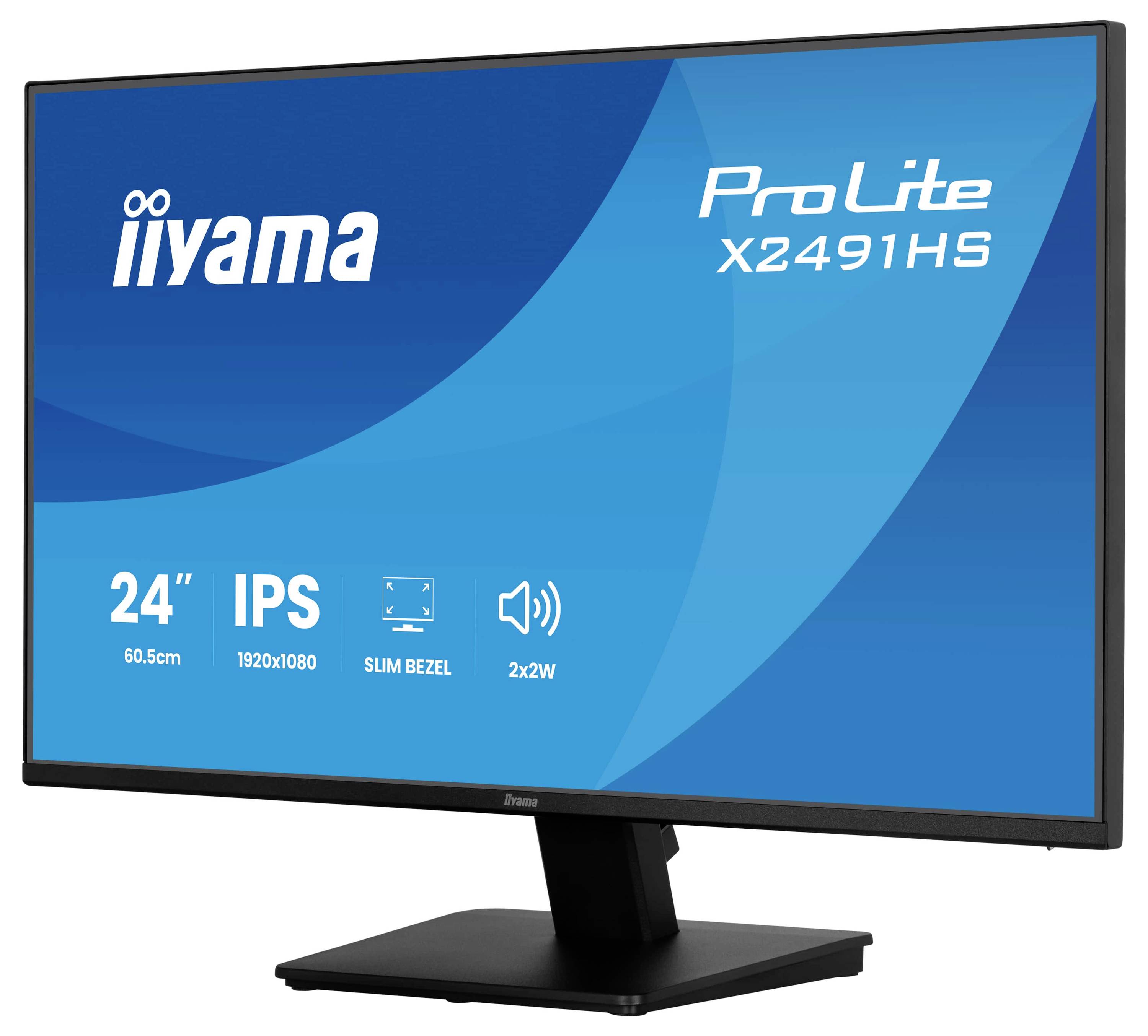 24-Zoll-Monitor, 'iiyama ProLite X2491HS', mit IPS-Panel, 1920x1080-Auflösung, schmalem Rahmen und integrierten 2x2W-Lautsprechern.