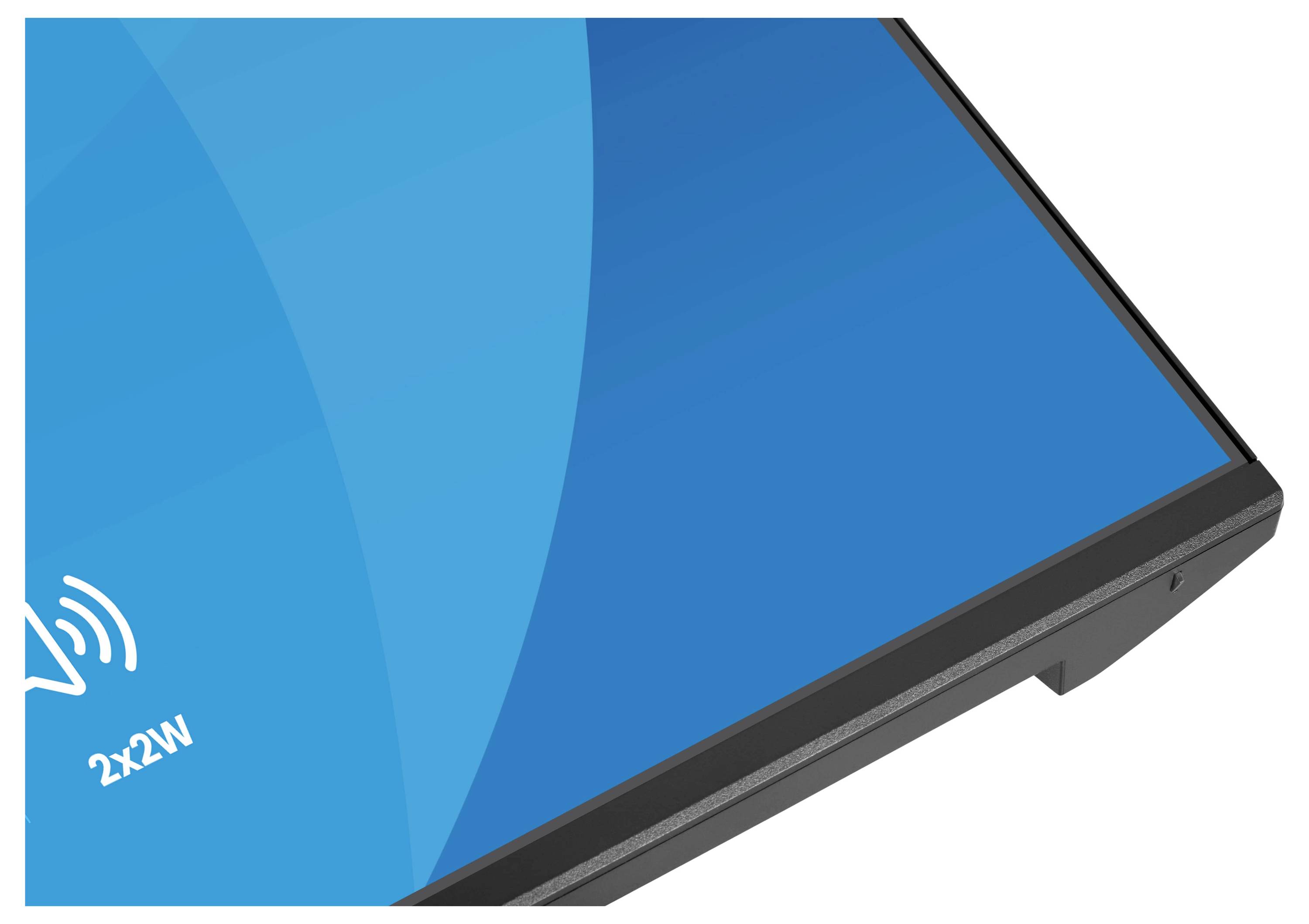 Eine Ecke eines blauen Monitorbildschirms mit einem 2x2W-Lautsprechersymbol, das auf zwei integrierte 2-Watt-Lautsprecher im Bildschirm hinweist.