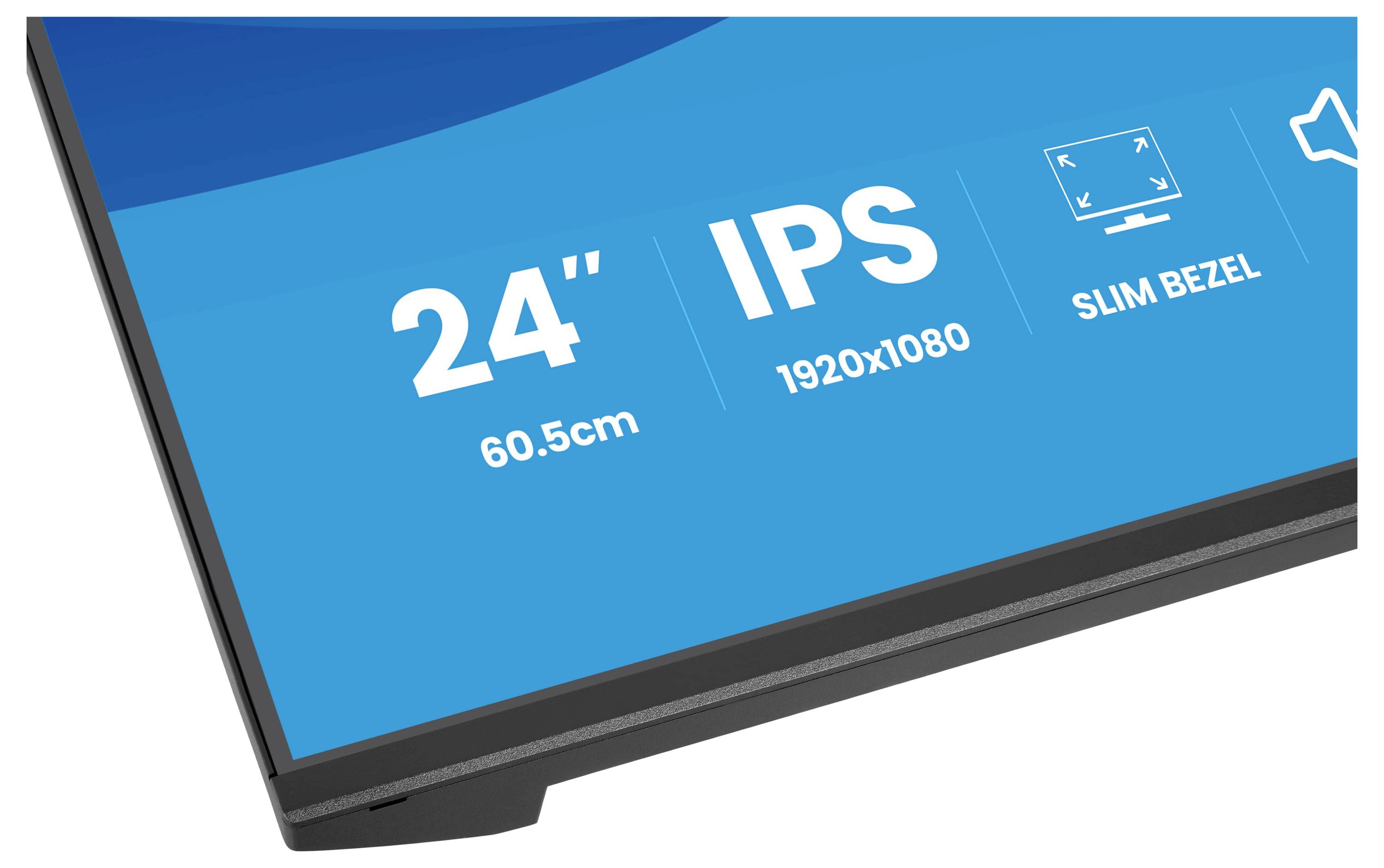 Ein Monitor-Bildschirm mit Spezifikationen: 24 Zoll, IPS-Technologie, 1920x1080 Auflösung, schlankes Rahmendesign.