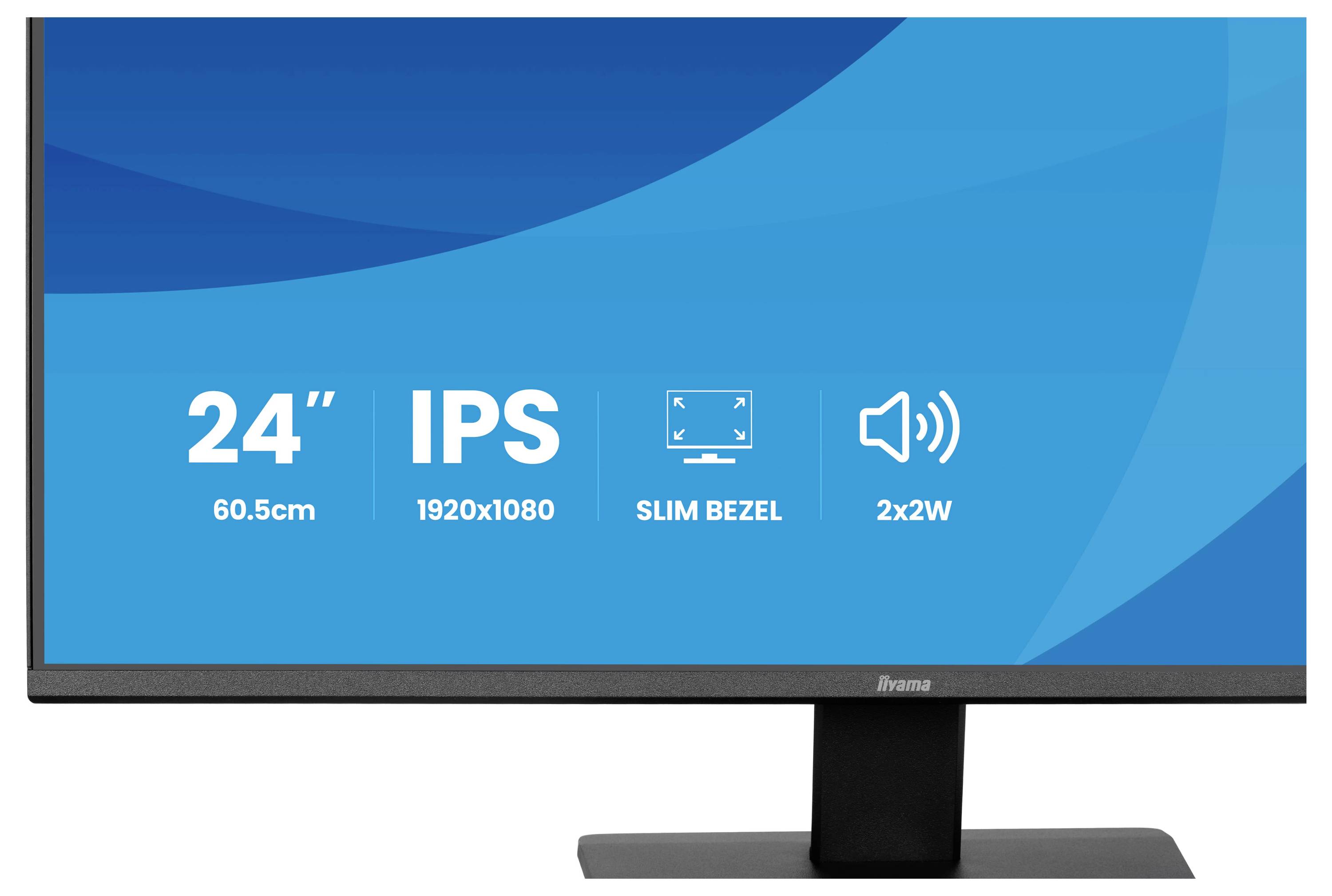 Ein 24-Zoll-IPS-Monitor mit schmalem Rand, 1920x1080-Auflösung und 2x2W-Lautsprechern, dargestellt auf einem Ständer mit blauem Bildschirmhintergrund.