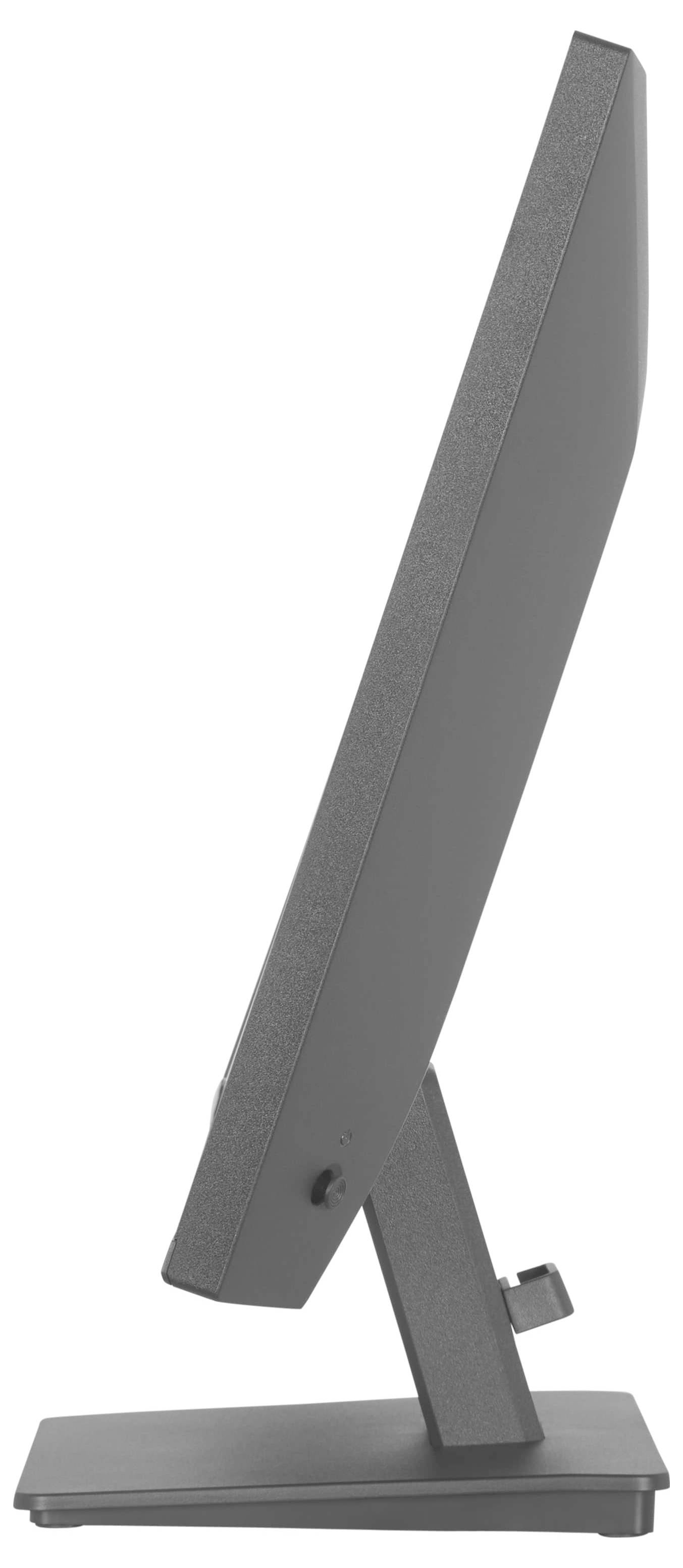 Ein schlanker, grauer Computermonitor von der Seite betrachtet, der ein modernes, minimalistisches Design mit rechteckiger Basis zeigt.