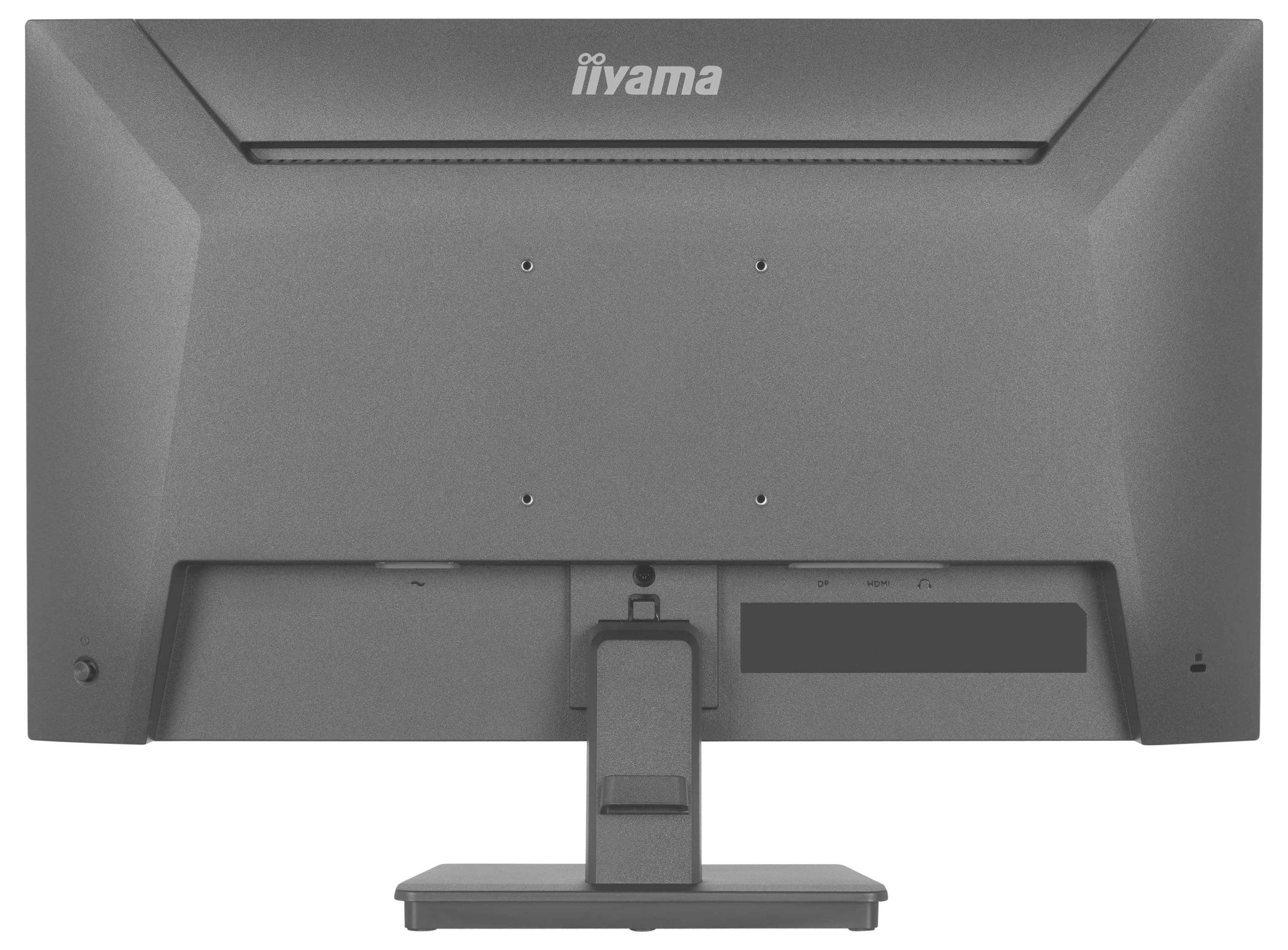 Ein grauer iiyama-Computermonitor von hinten betrachtet, mit Anschlüssen und einem Ständer zur Unterstützung.