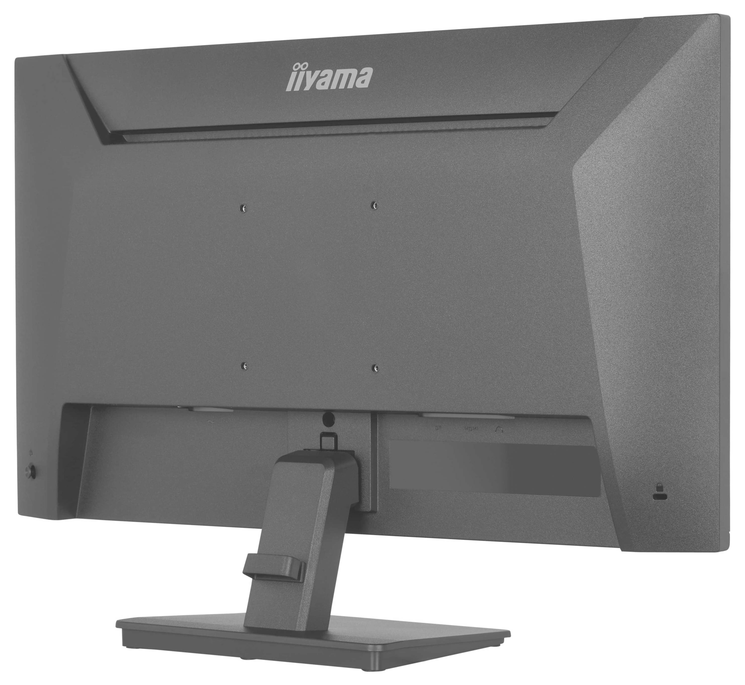 Ein grauer Computermonitor von hinten betrachtet, mit einem rechteckigen Ständer und verstellbarem Scharnier zur Positionierung.