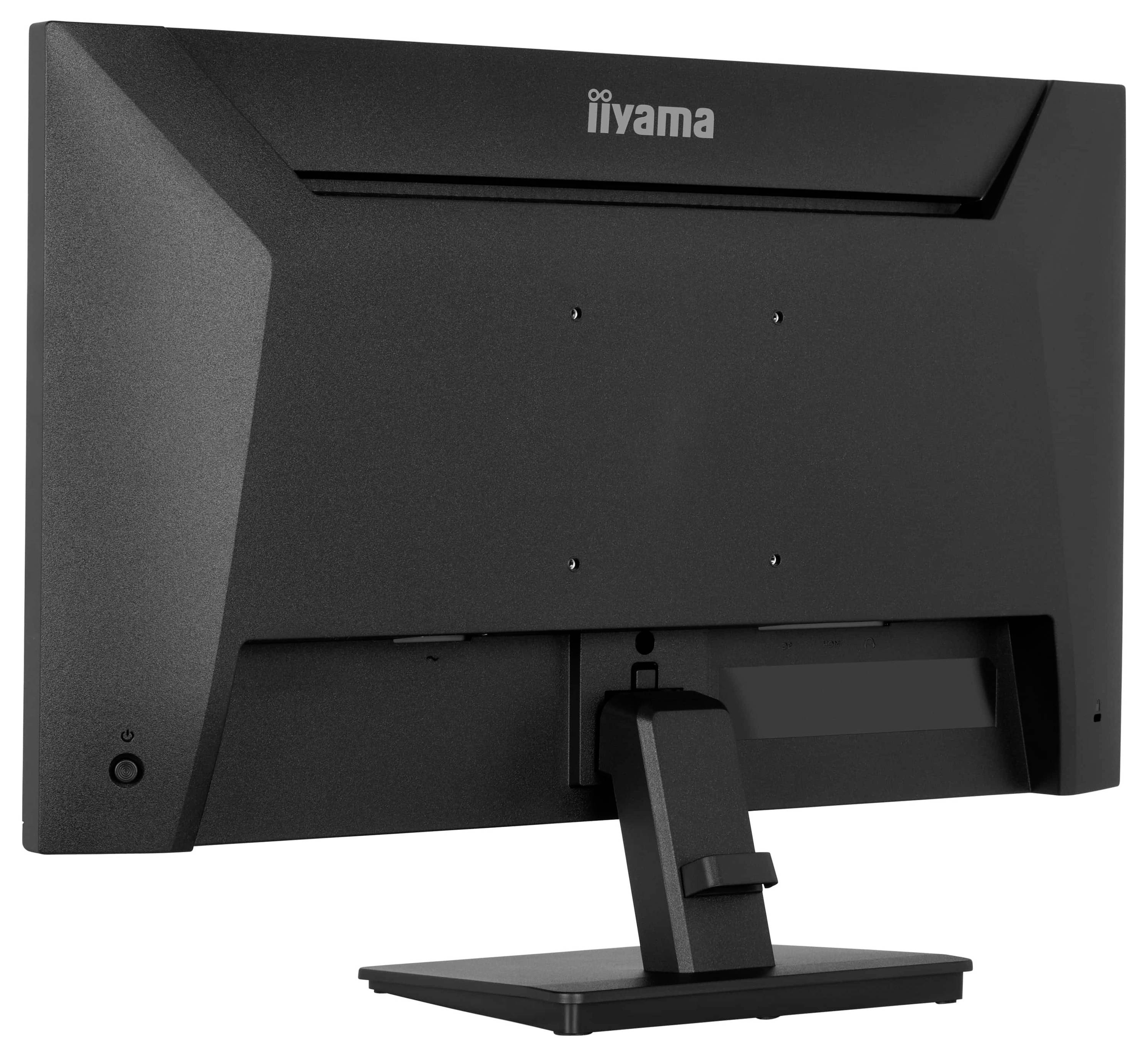 Ein schwarzer iiyama-Computermonitor von hinten betrachtet, der seinen Ständer und Montagelöcher zeigt, mit einem sauberen, modernen Design.