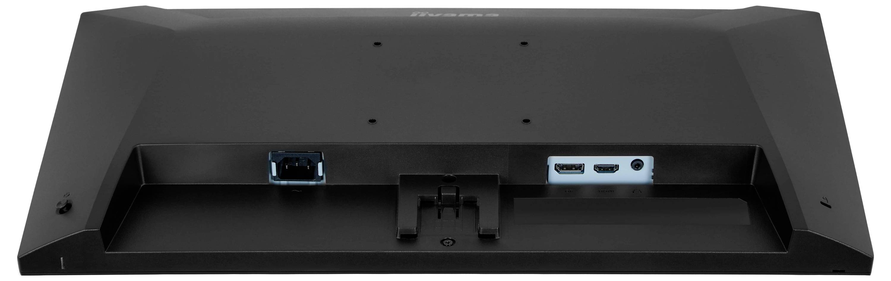 Rückansicht eines Monitors mit angezeigten Anschlüssen einschließlich USB, HDMI und Audioeingängen. Die Ständerhalterung ist in der Mitte sichtbar.