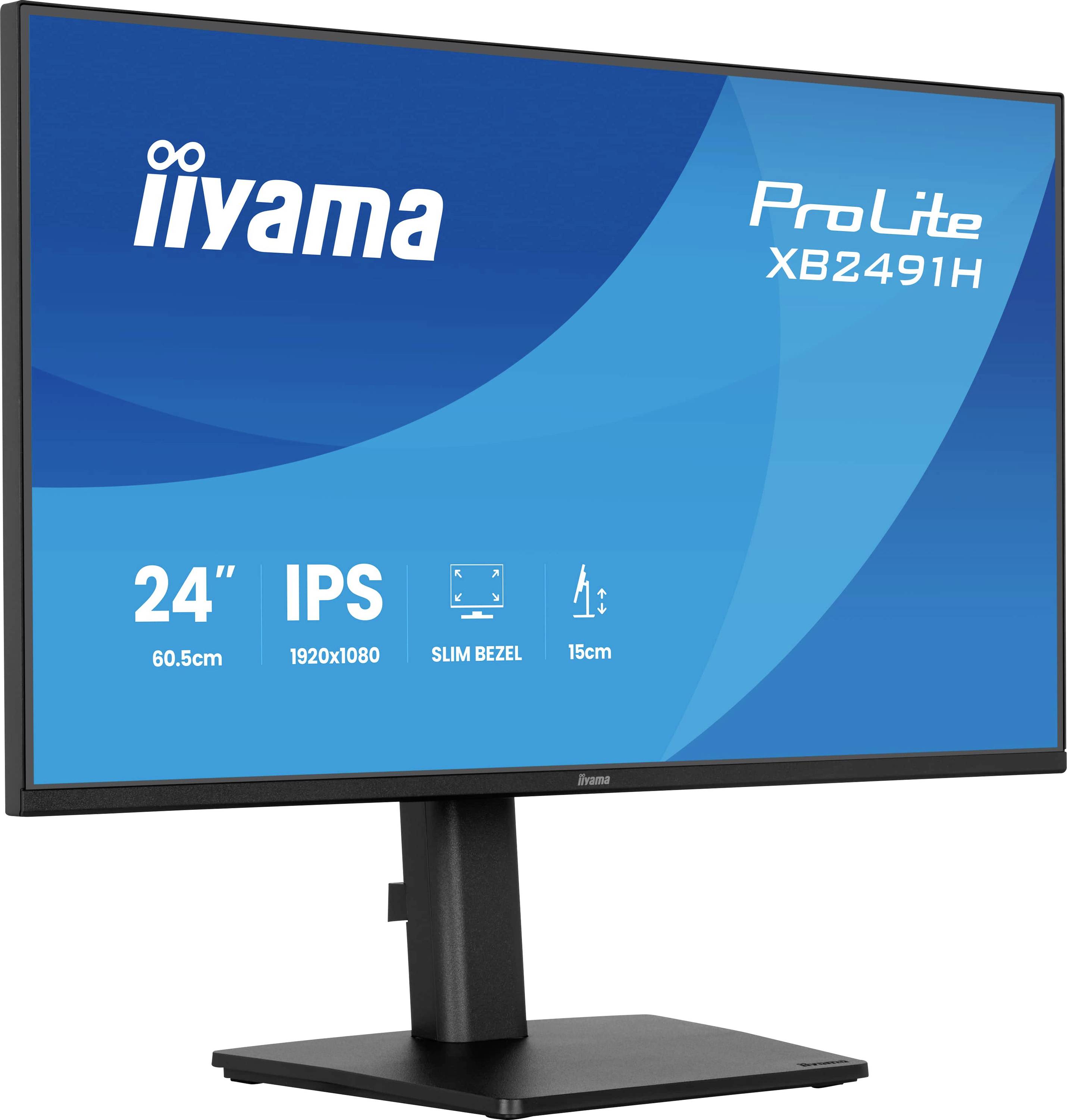Iiyama ProLite XB2491H 24-Zoll-IPS-Monitor auf einem Ständer gezeigt, mit 1920x1080-Auflösung und schlanken Rahmen, die auf dem Bildschirm angezeigt werden.