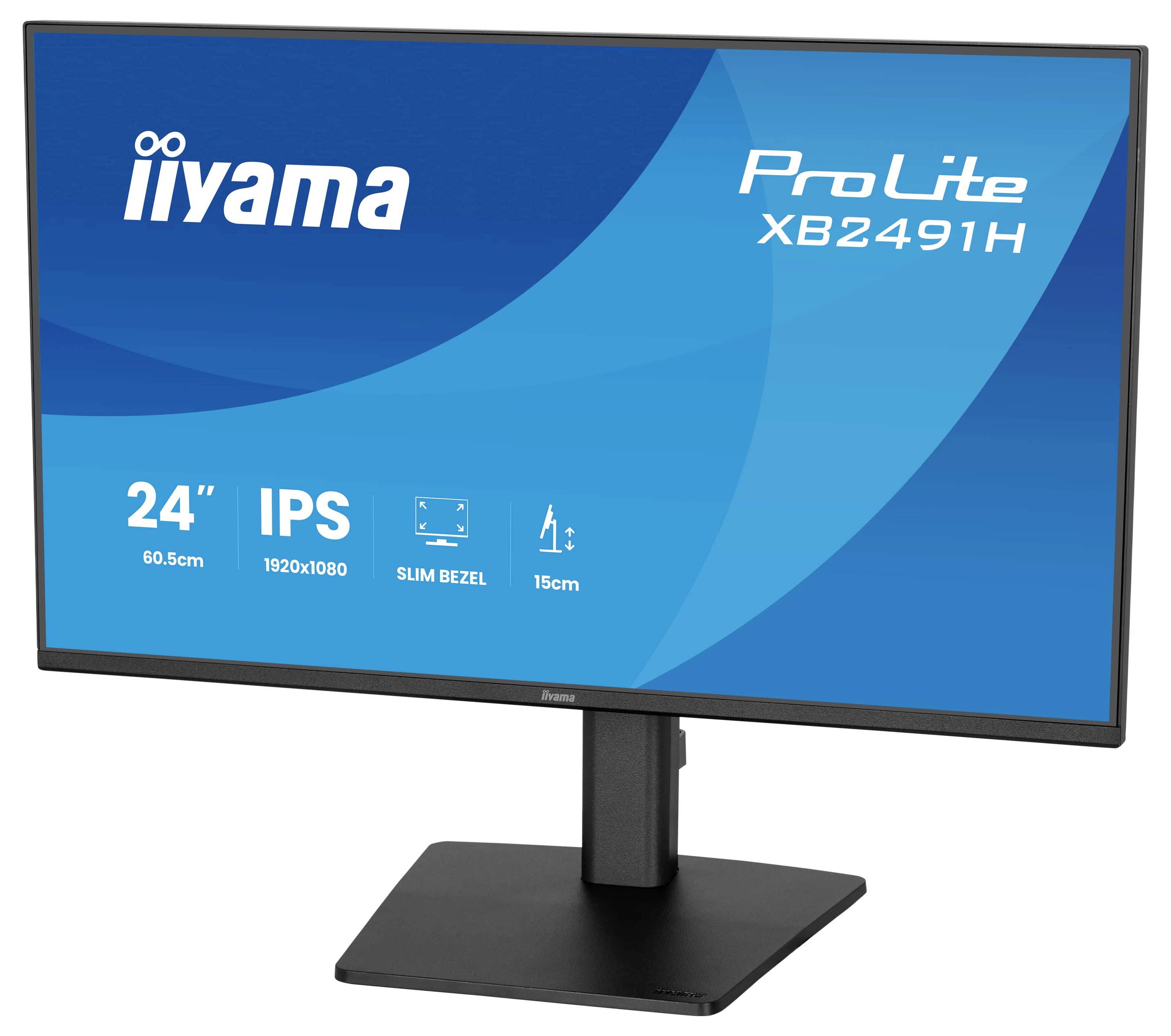 Iiyama ProLite XB2491H Monitor, 24-Zoll-Display, IPS, 1920x1080 Auflösung, schlankes Rahmendesign, Höhe um 15 cm verstellbar.