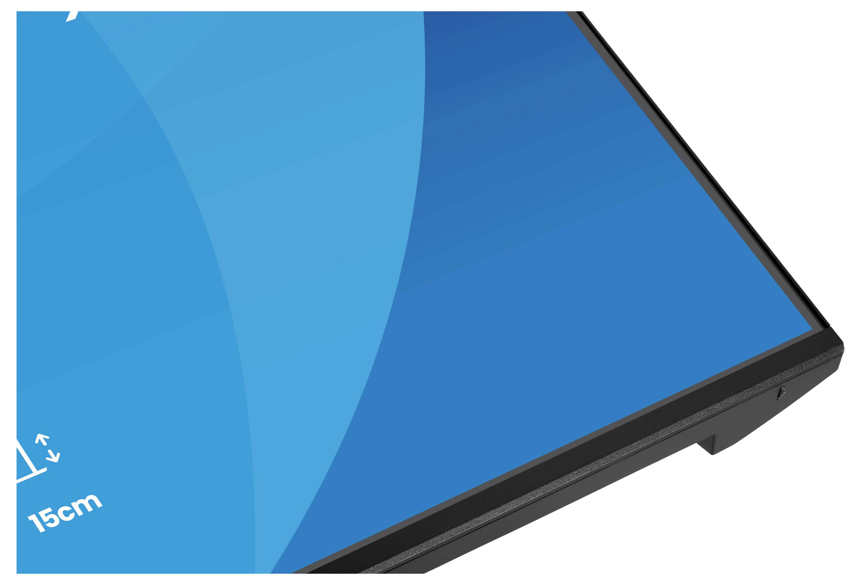 Eine teilweise Ansicht einer blauen Grafik mit schwarzem Rahmen, die einen weißen Pfeil und eine Messbeschriftung „15 cm