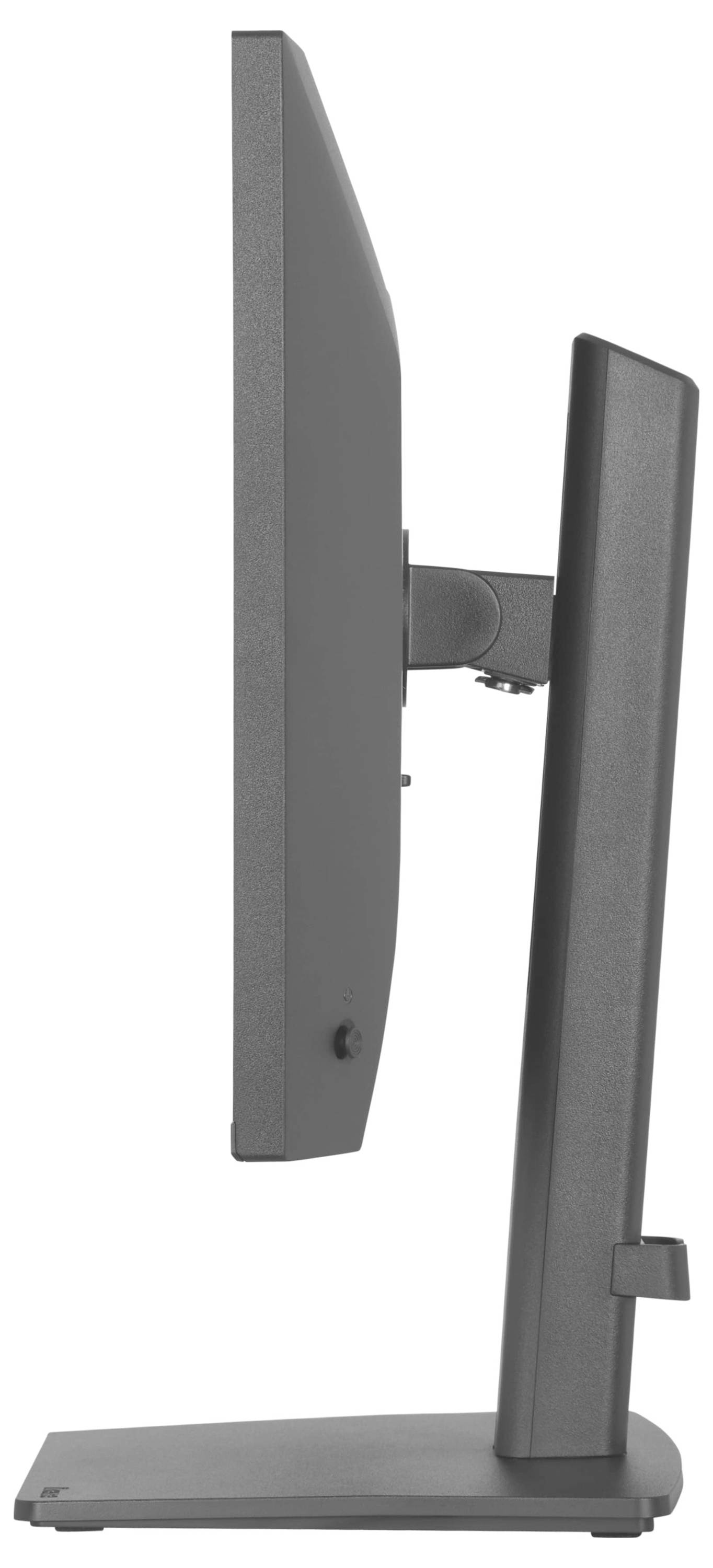 Ein schwarzer Computermonitor in vertikaler Ausrichtung auf einem Metallständer, von der Seite betrachtet.