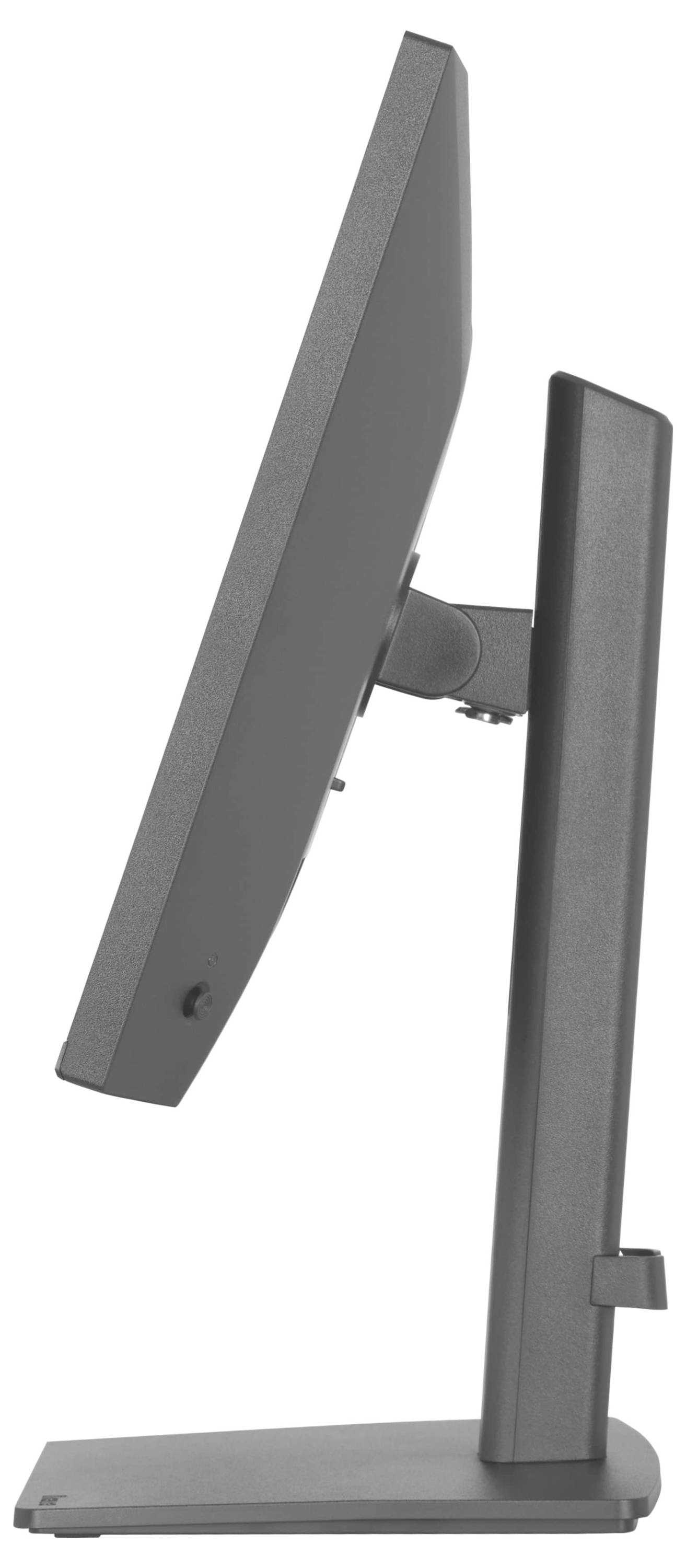 Profilansicht eines grauen Computermonitors auf einem Ständer, der das dünne Design des Bildschirms und den verstellbaren Neigungsmechanismus zeigt.