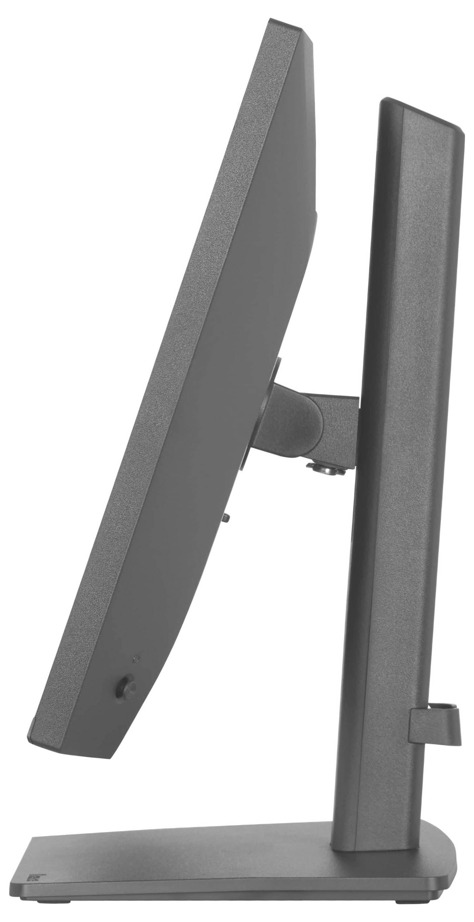 Seitenansicht eines flachen Computermonitors auf einem Ständer, der sein schlankes Design und den verstellbaren Neigemechanismus hervorhebt.