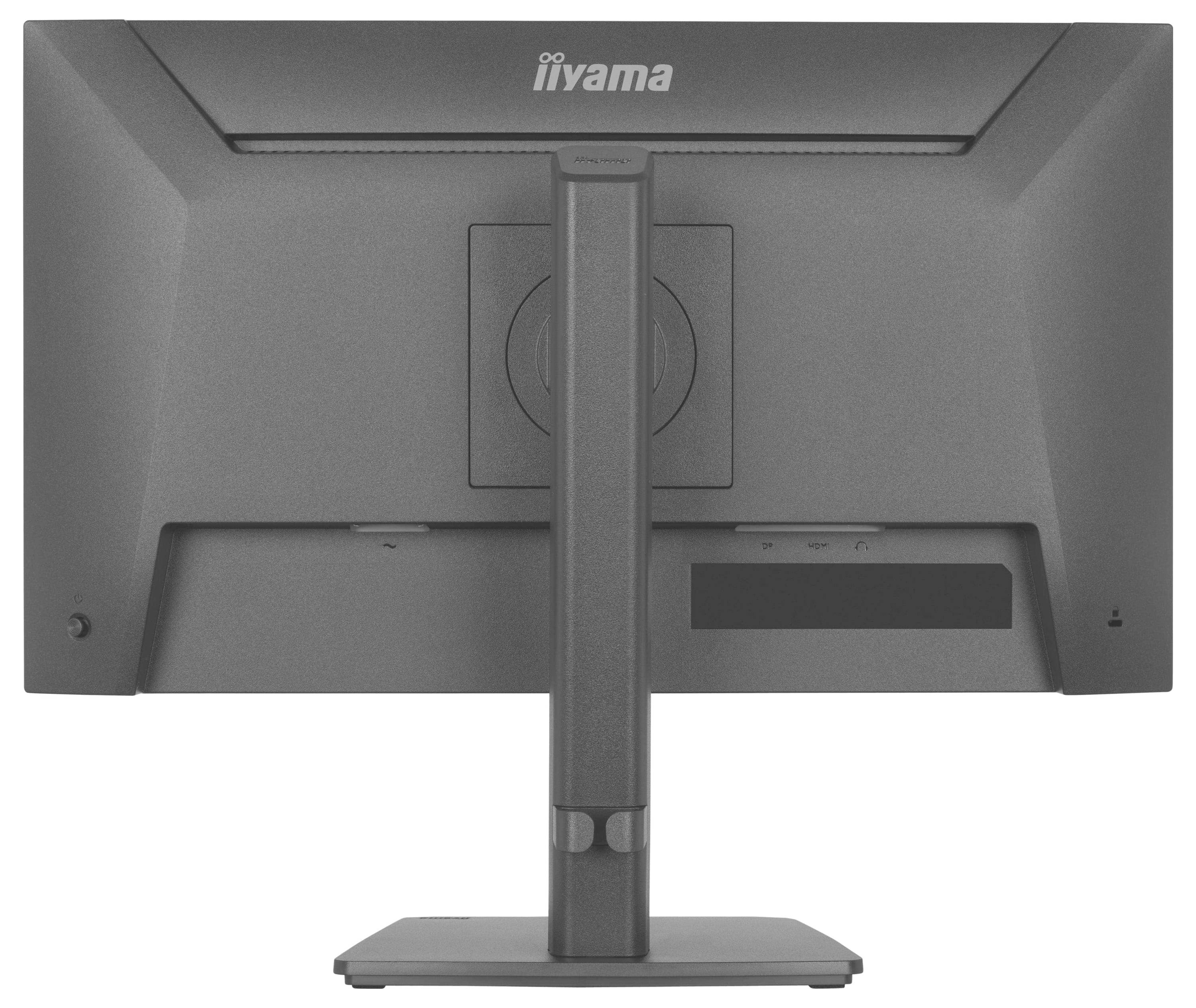 Ein schwarzer Computermonitor von hinten betrachtet, mit einem zentralen Ständer und dem Markenlogo „iiyama