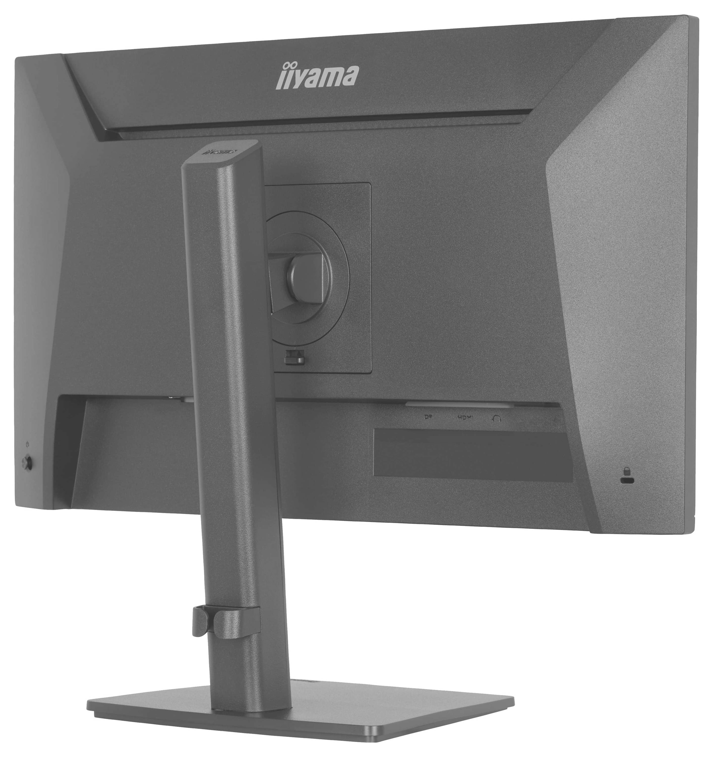 Ein Computermonitor von hinten betrachtet, der sein verstellbares Gestell und sein Belüftungsdesign zeigt. Das Markenlogo ist oben sichtbar.