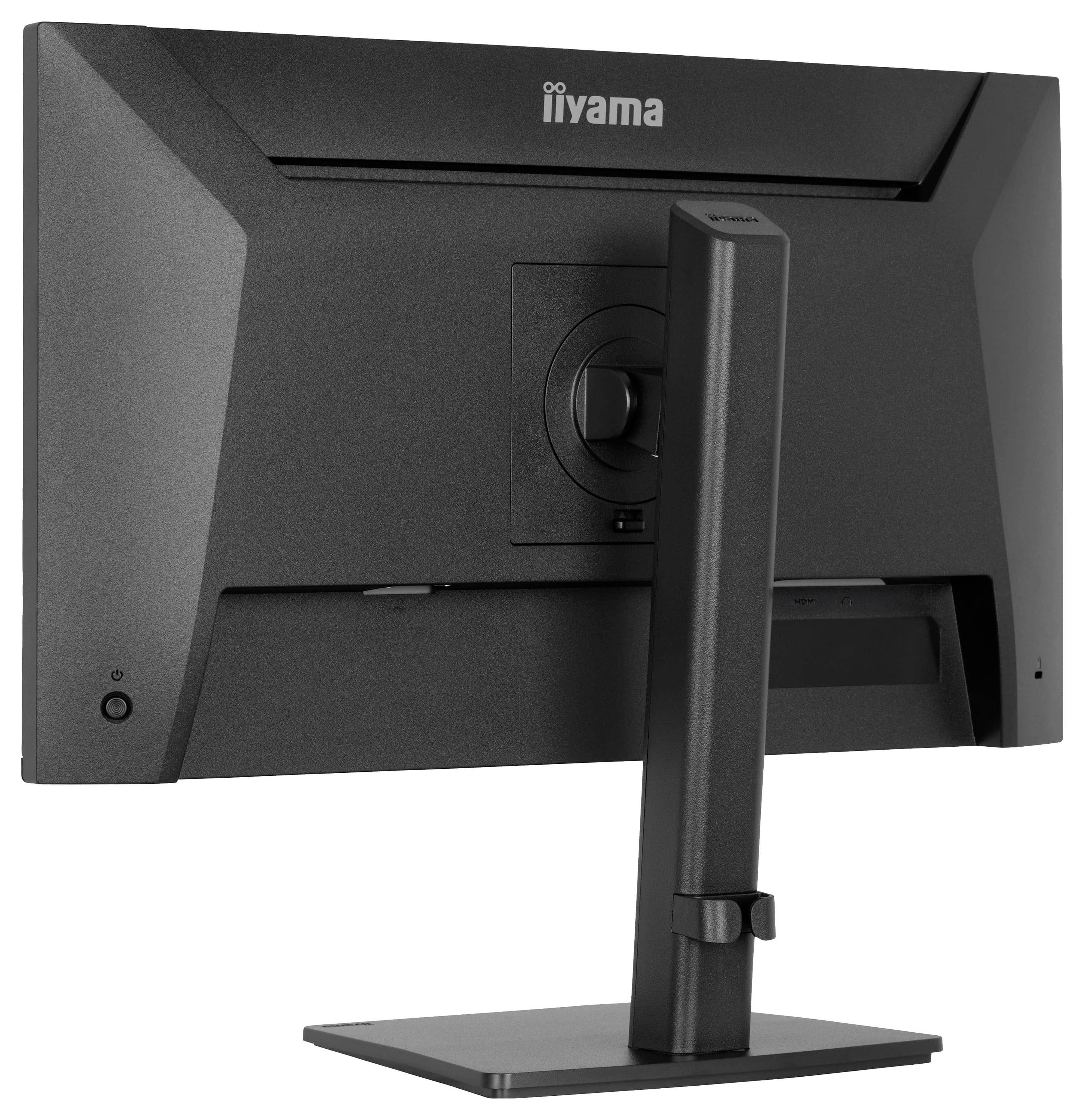 Ein Computer-Monitor der Marke 'iiyama', von hinten betrachtet, in vertikaler Ausrichtung mit einem rechteckigen Ständer dargestellt.