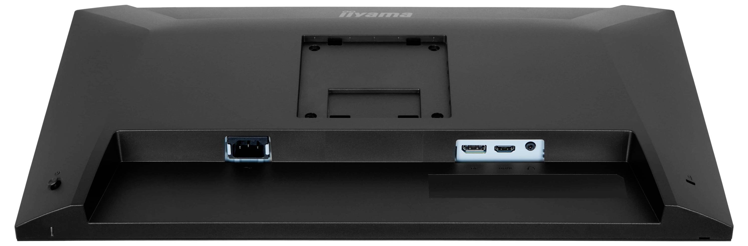 Rückansicht eines schwarzen iiyama-Monitors mit Anschlussanschlüssen, einschließlich eines VGA- und eines HDMI-Anschlusses, die sich im unteren mittleren Teil befinden.