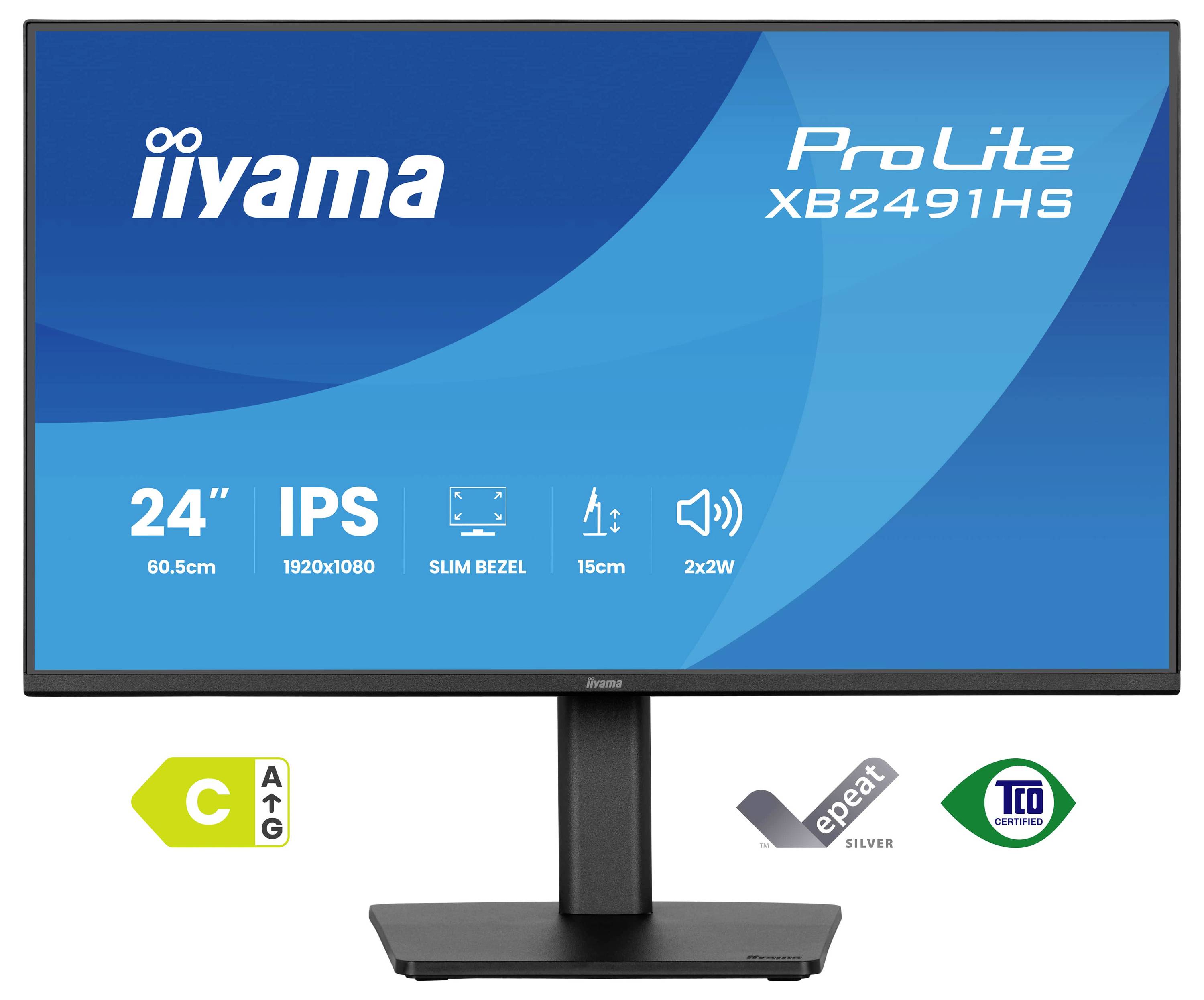 Vorderansicht eines 24-Zoll-Iiyama-ProLite-Monitors mit schmaler Blende, ausgestattet mit IPS-Technologie, Full-HD-Auflösung und 2x2W-Lautsprechern.