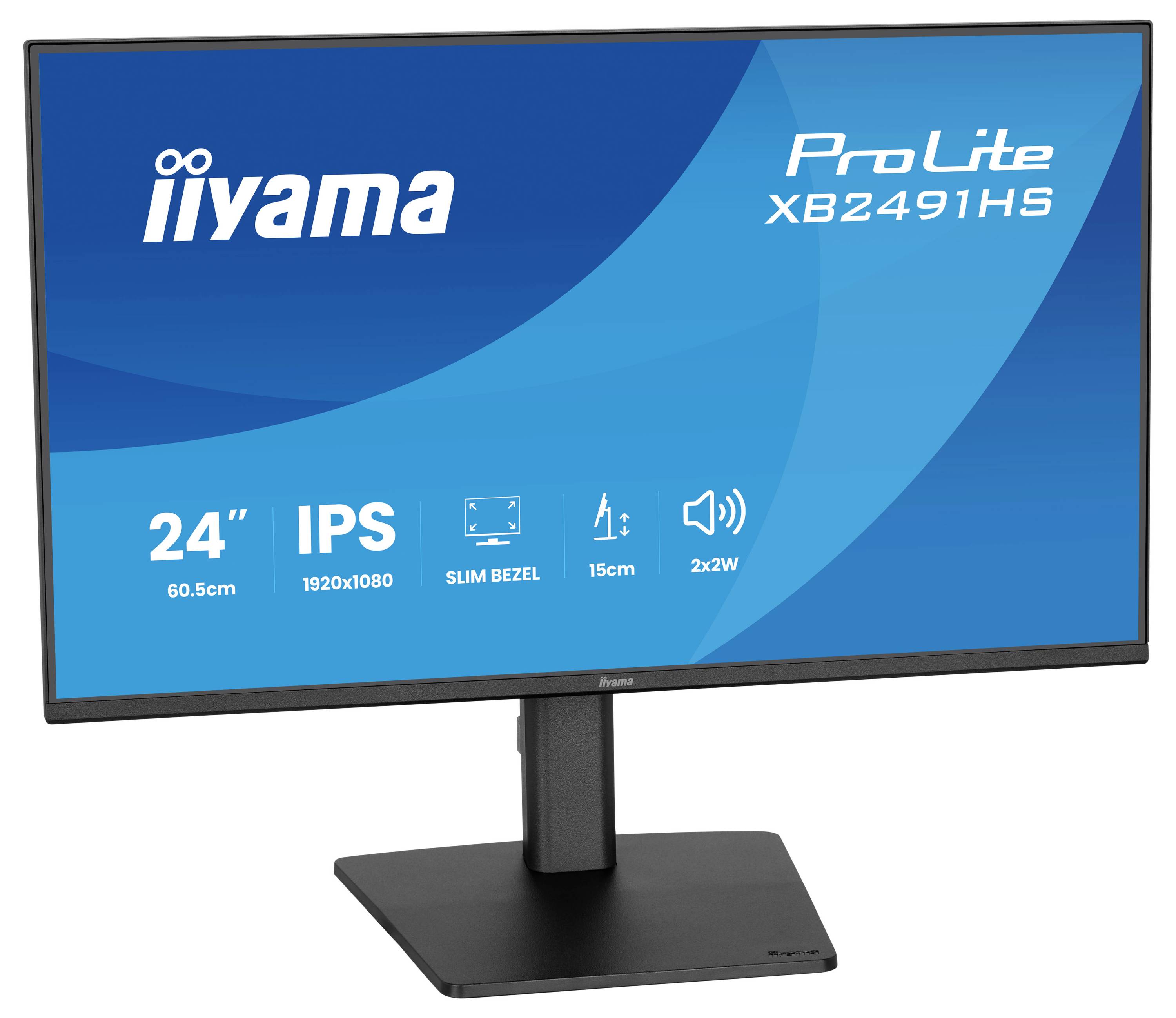 Ein 24-Zoll iiyama ProLite XB2491HS Monitor mit IPS-Technologie, schmalen Rahmen, 1920x1080 Auflösung, 15 cm Höhenverstellbarkeit und 2x2W Lautsprechern.