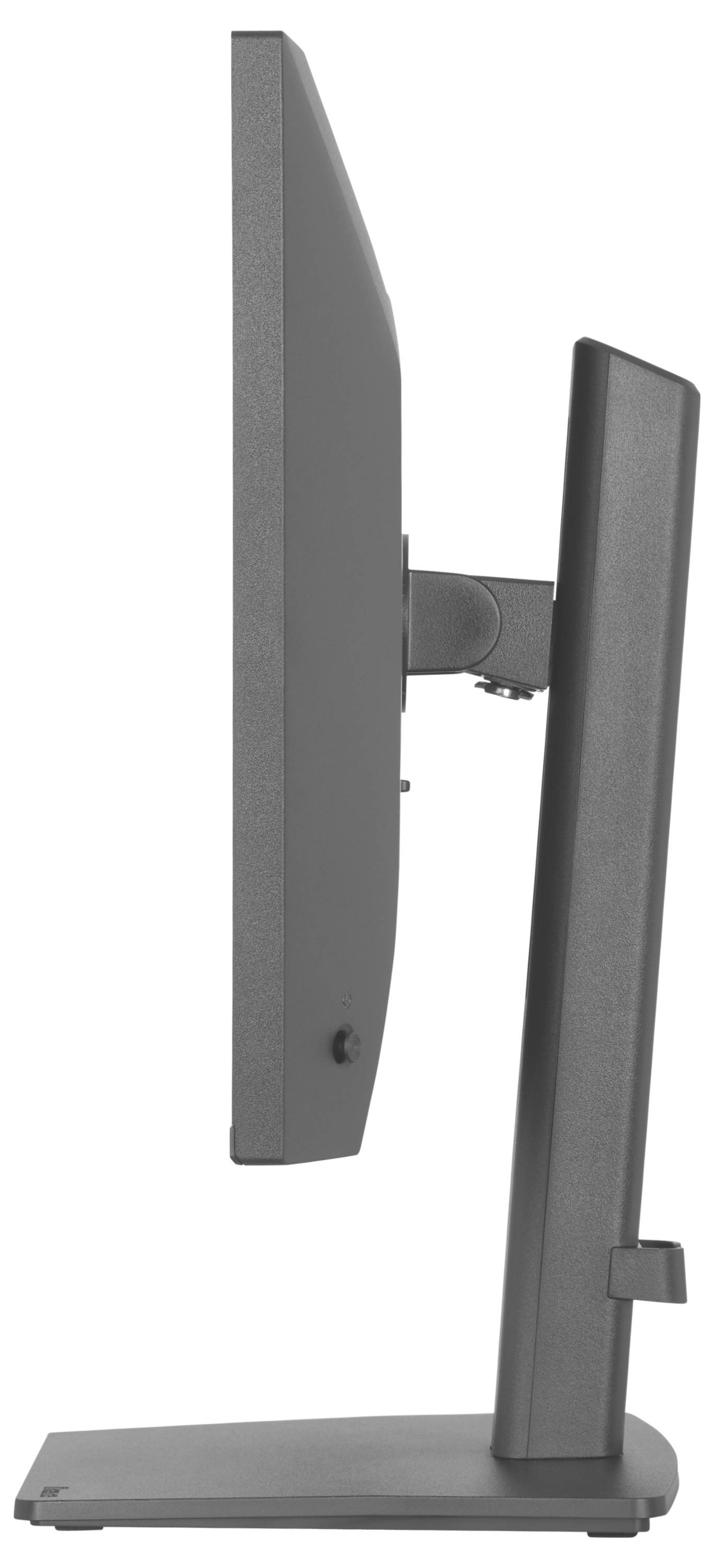 Eine Seitenansicht eines modernen Computermonitors mit schlankem Profil auf einem rechteckigen Ständer, der sein dünnes und elegantes Design hervorhebt.