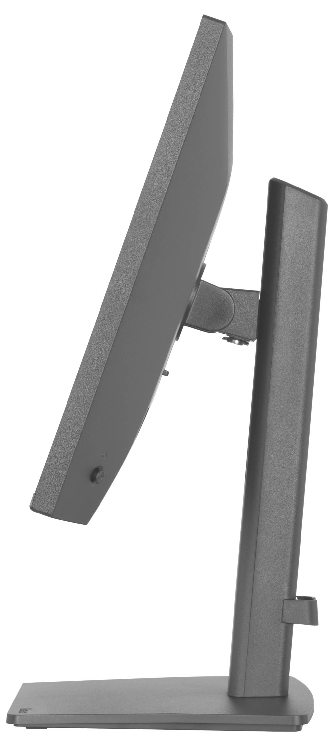 Ein eleganter, moderner Computermonitor von der Seite gezeigt, der sein schlankes Design und seinen stabilen Ständer präsentiert.