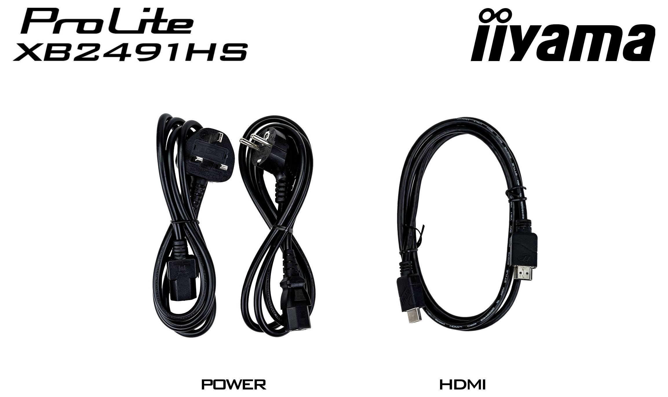 'ProLite XB2491HS' Monitor-Kabel: Zwei Stromkabel und ein HDMI-Kabel, angezeigt mit dem 'iiyama'-Logo oben.