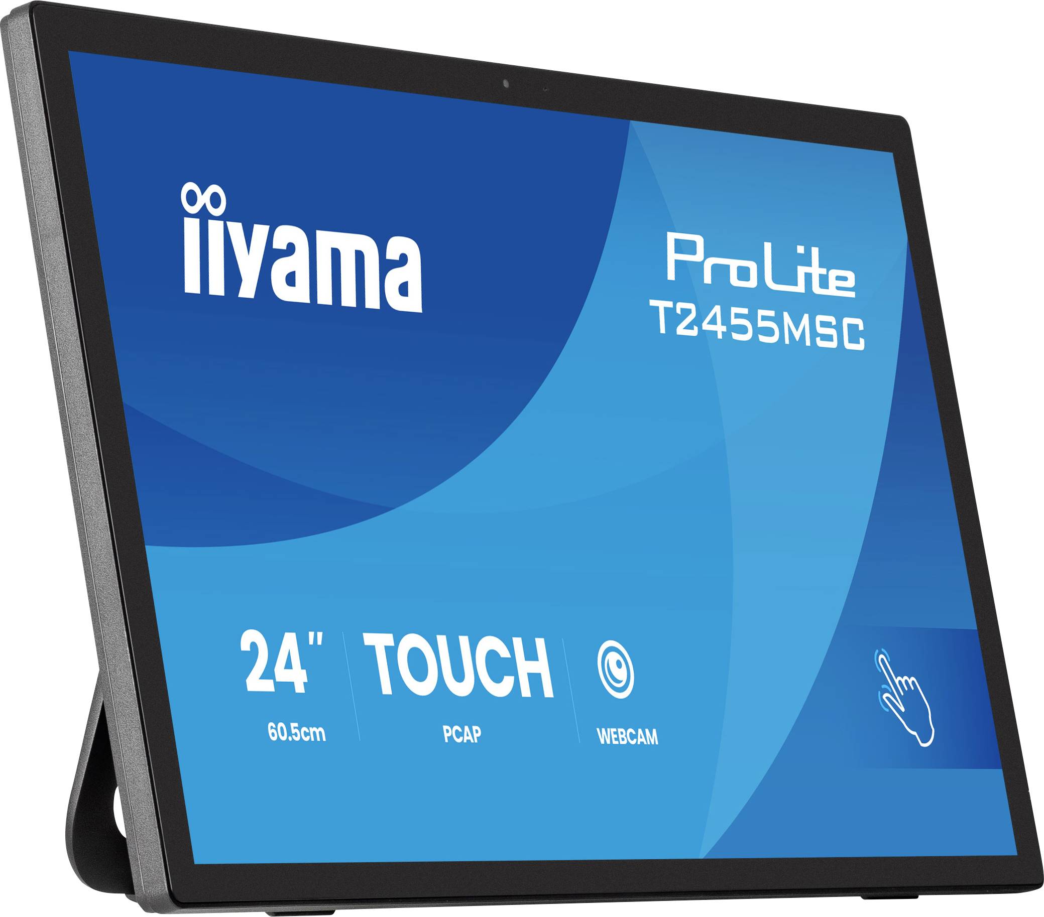 Bild eines iiyama ProLite T2455MSC 24-Zoll-Touchmonitors, schräg auf einem Ständer angezeigt, mit Text auf dem Bildschirm, das die Funktionen Touch, PCAP und Webcam hervorhebt.