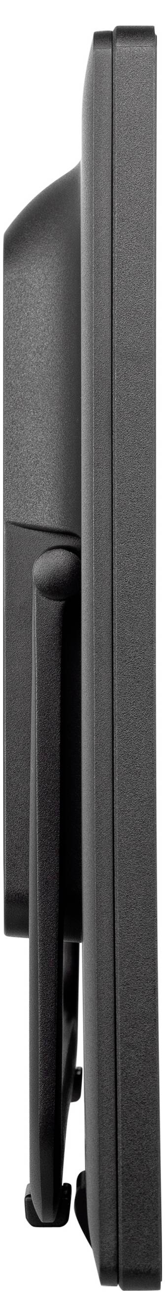 Seitenansicht eines Flachbildschirm-Monitors mit Ständer, der das schlanke Profil und das elegante Design zeigt.