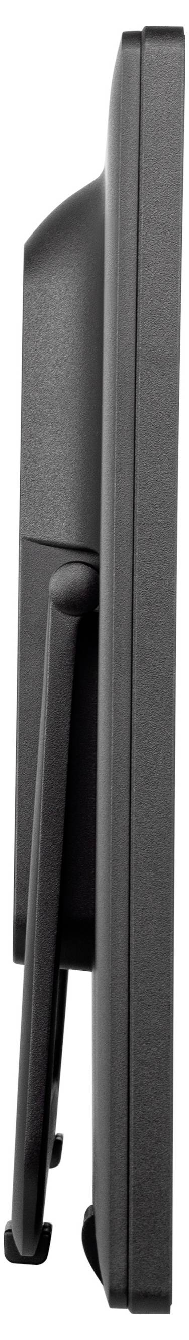 Eine Seitenansicht eines Flachbildschirm-Monitors mit Standfuß, die sein schlankes, dünnes Design zeigt.