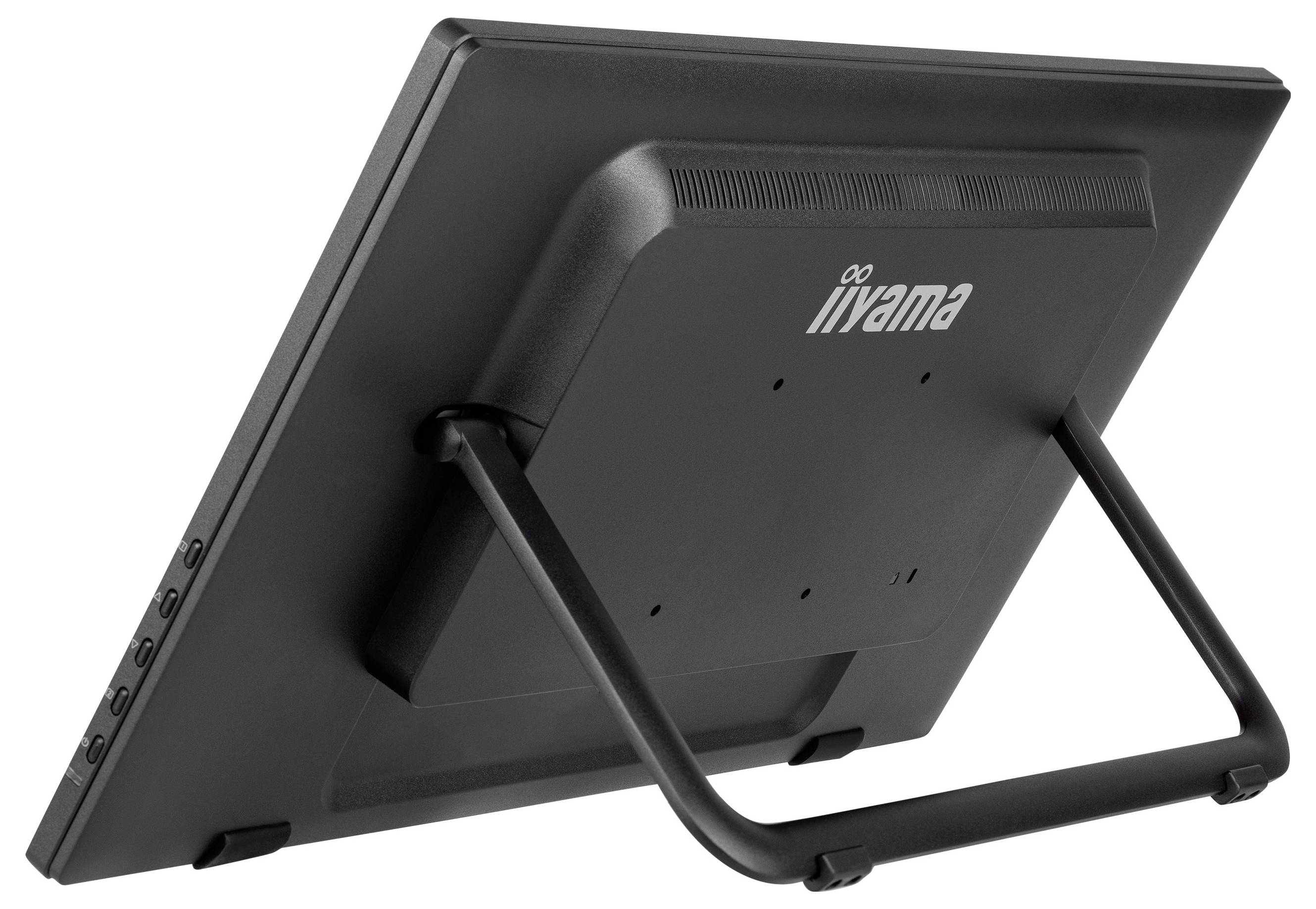 Ein schwarzer iiyama-Monitor von hinten betrachtet, der seinen Ständer und die rückwärtigen Bedienelemente zeigt.