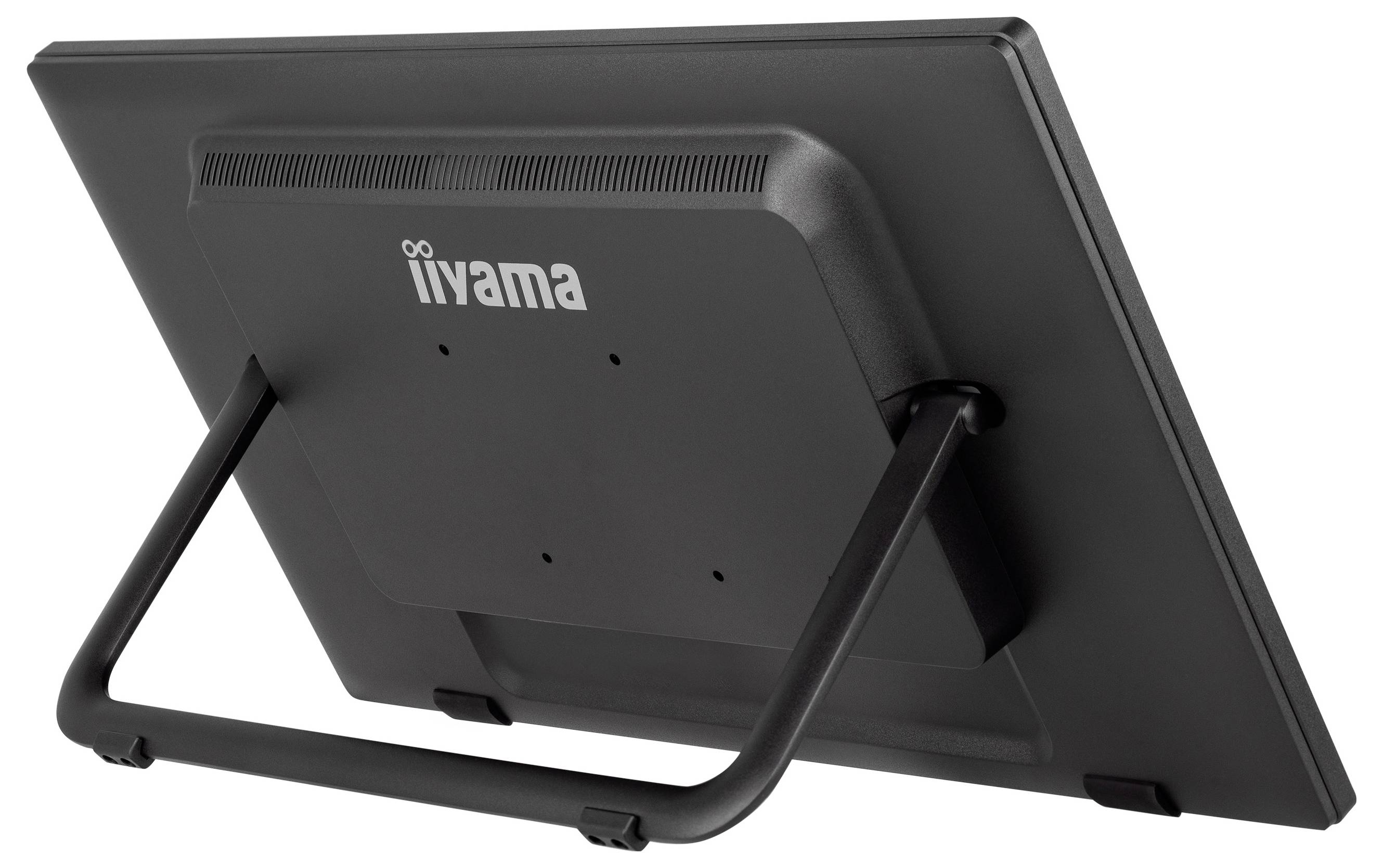 Rückansicht eines schwarzen iiyama-Monitors mit Ständer, zeigt Lüftungsschlitze und das Markenlogo auf der Rückseite.