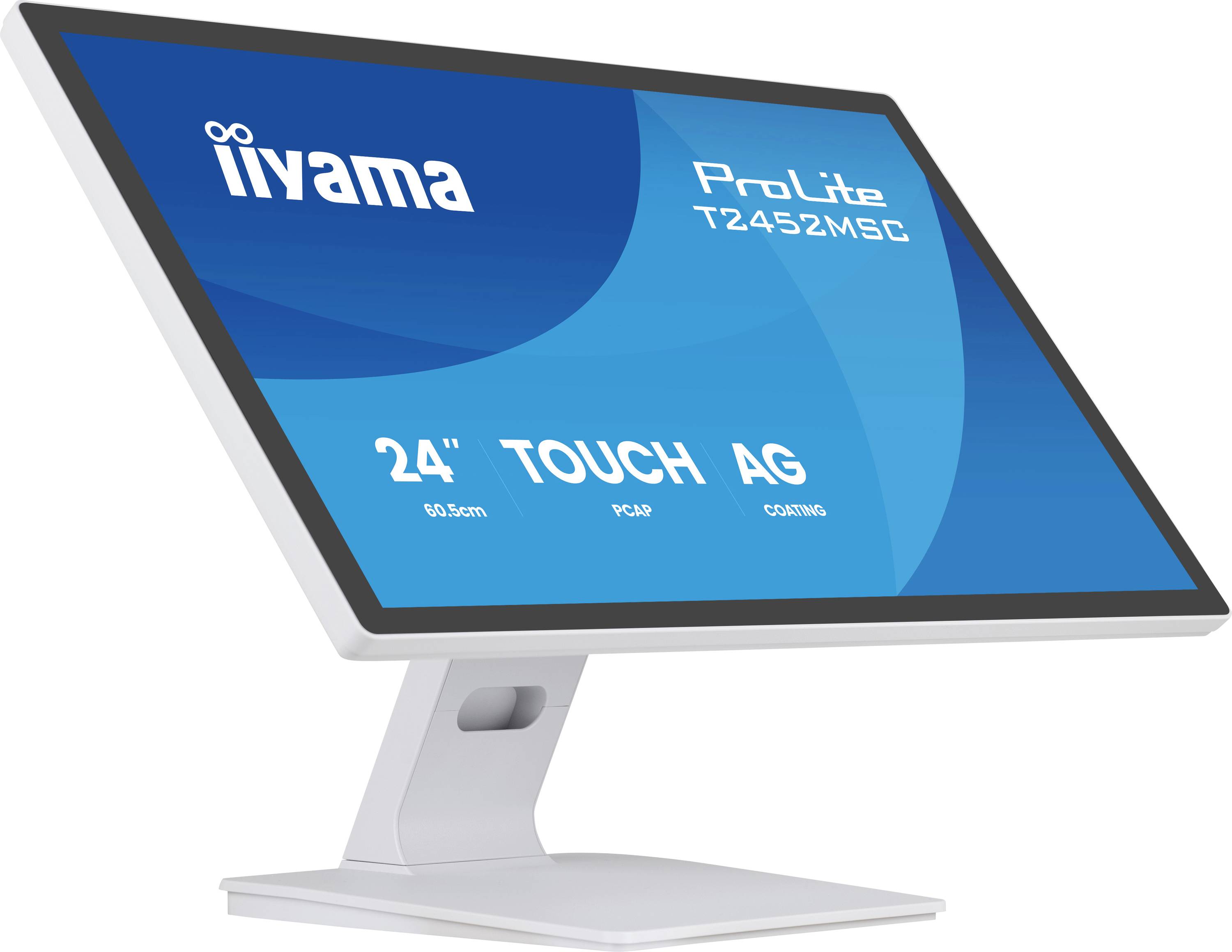 Iiyama ProLite T2452MSC 24-Zoll-Touchscreen-Monitor auf einem weißen Ständer gezeigt, mit „TOUCH