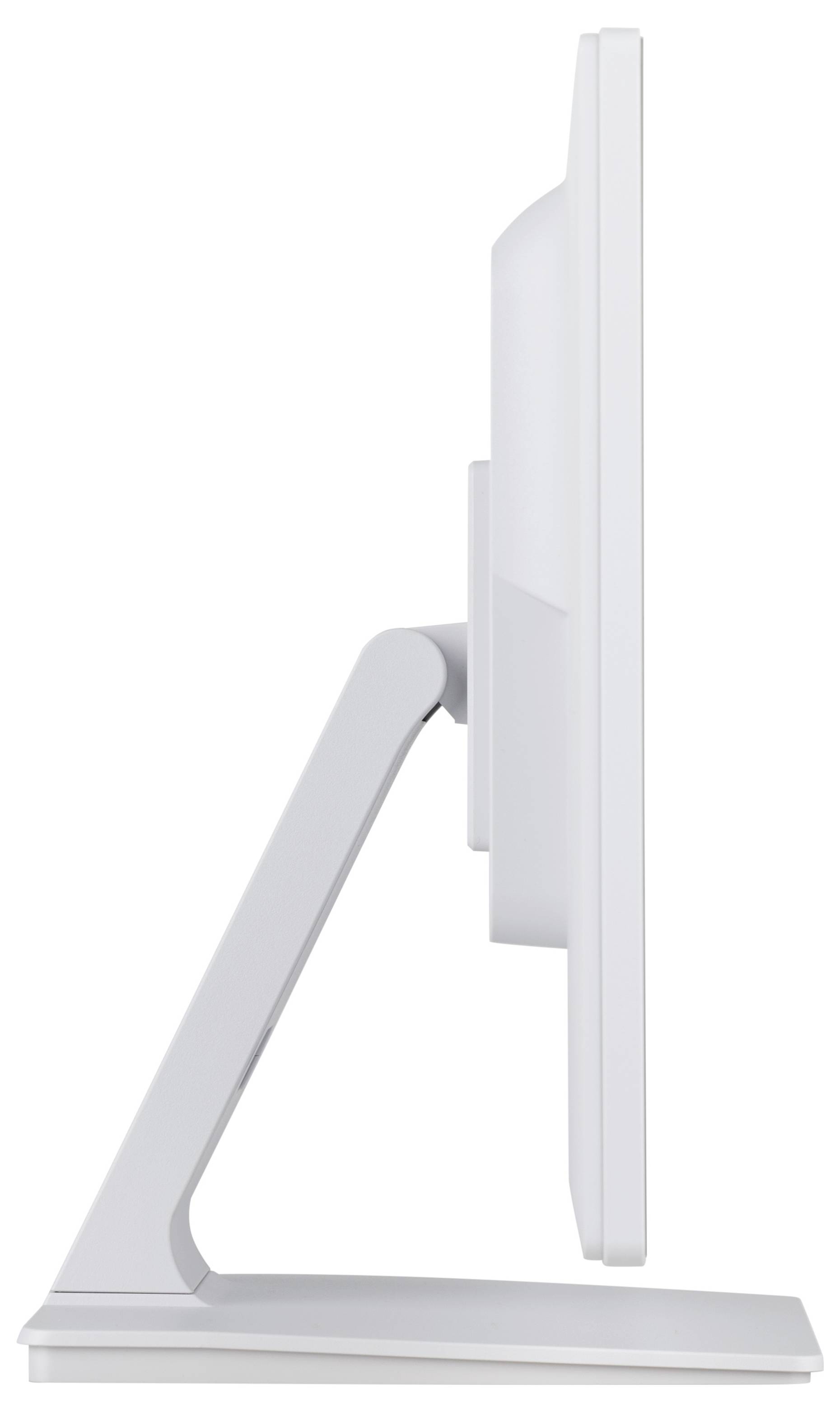 Eine Seitenansicht eines dünnen, modernen Computermonitors mit einem eleganten, minimalistischen Design, auf einem Ständer montiert.