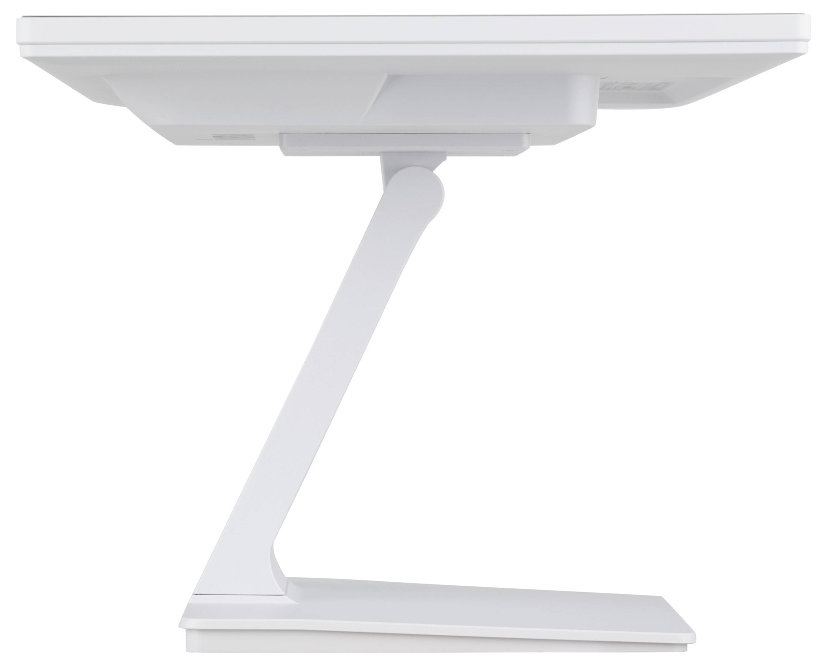Seitenansicht eines modernen weißen elektronischen Geräts mit einem eleganten, kantigen Ständer, möglicherweise ein Monitor oder Displaybildschirm.