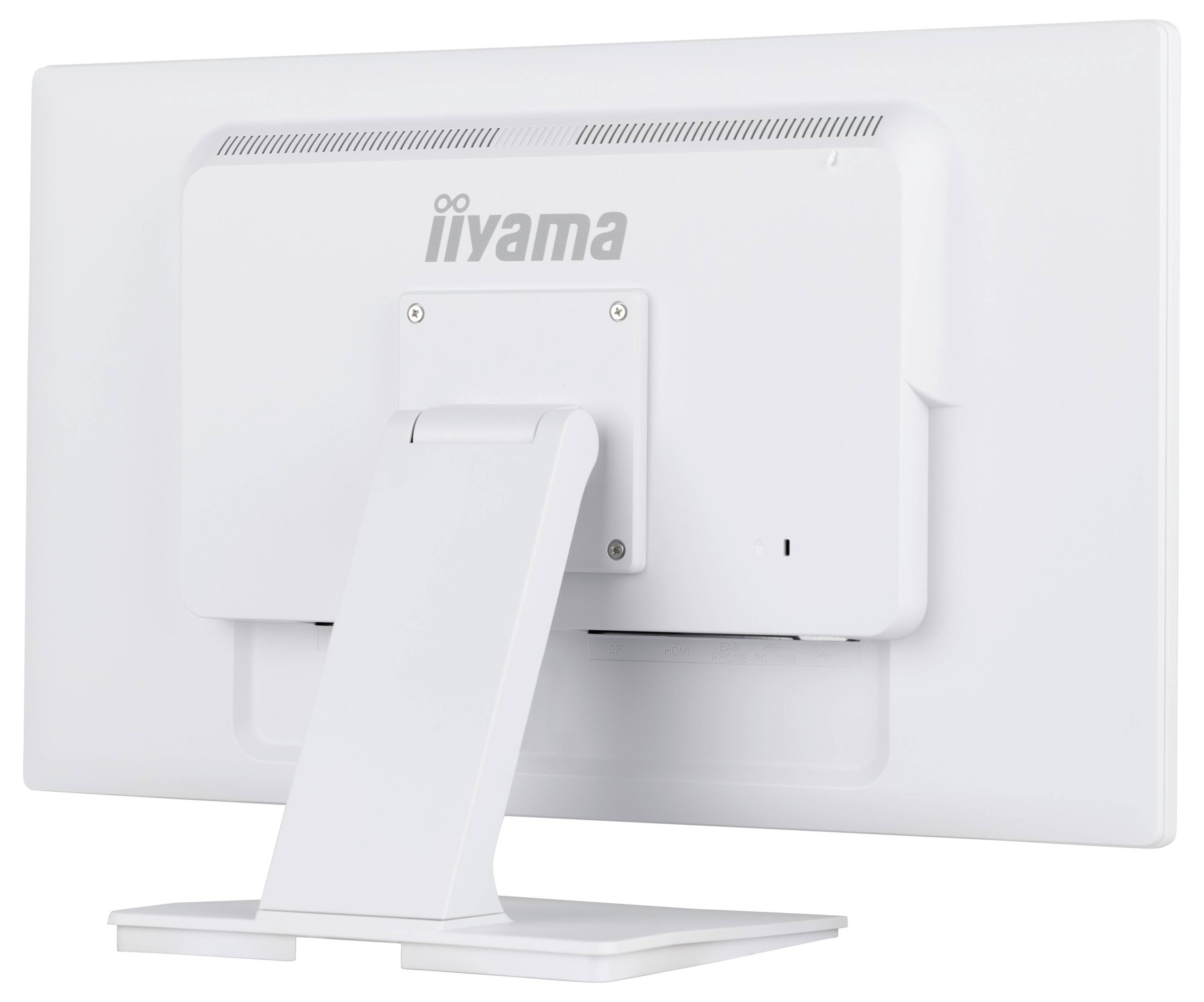 Ein weißer Computerbildschirm von hinten betrachtet, mit dem Markennamen 'iiyama' und einem robusten Standfuß.