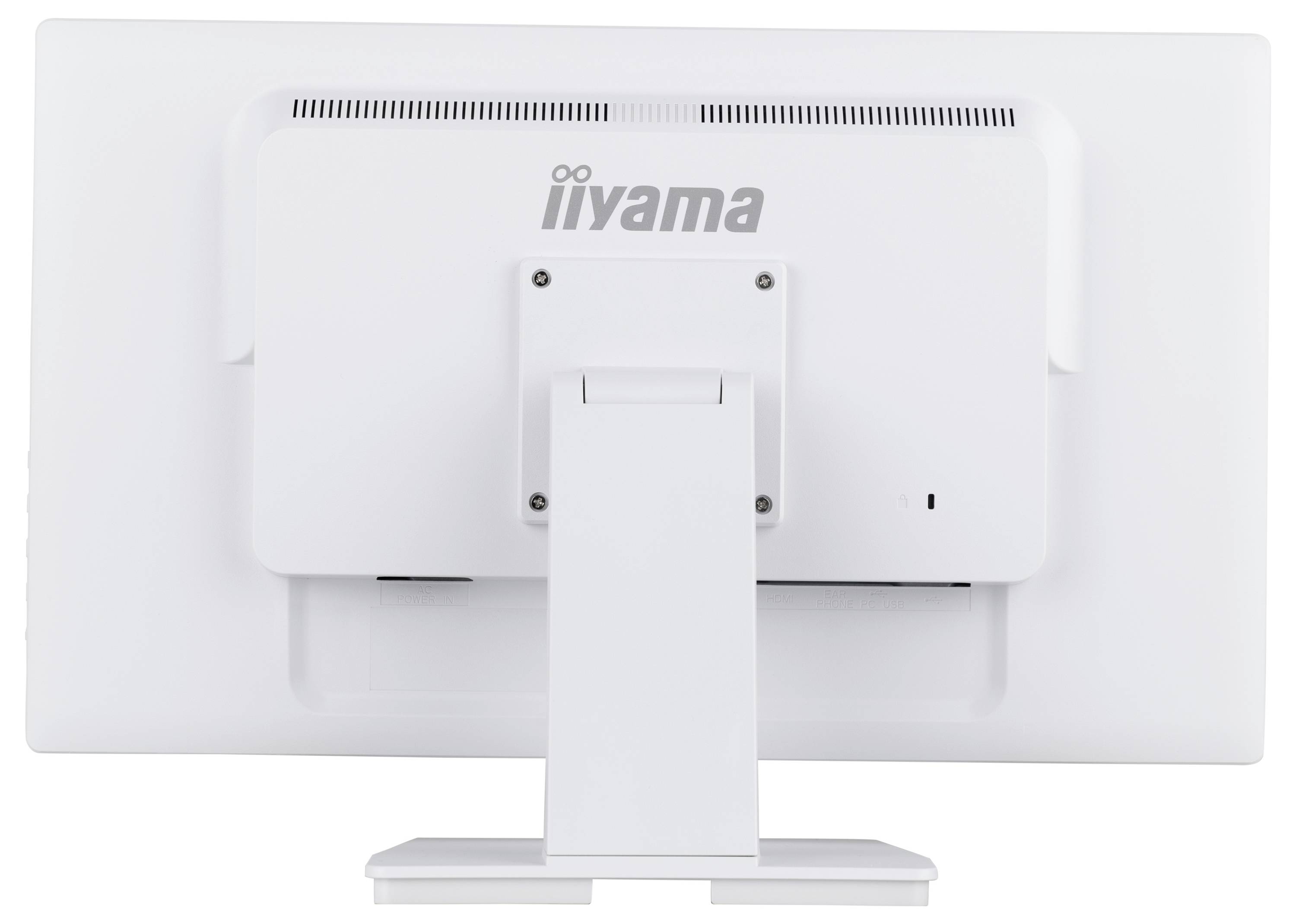 Das Bild zeigt die Rückansicht eines weißen iiyama-Computermonitors mit einem rechteckigen Ständer. Das Markenlogo ist in der Mitte oben sichtbar.