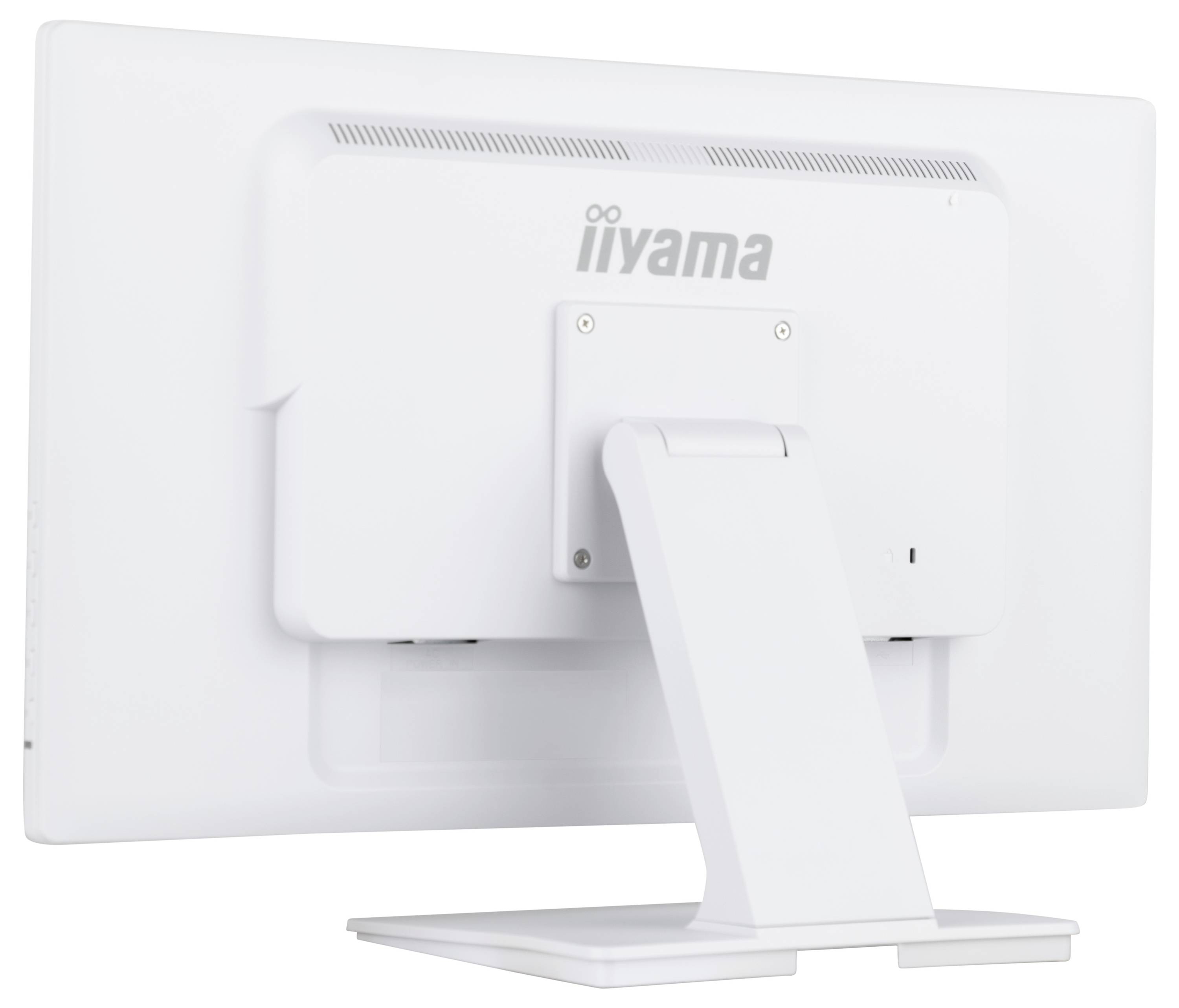 Ein weißer Computermonitor von hinten betrachtet, der den Ständer und das Markenlogo oben zeigt.