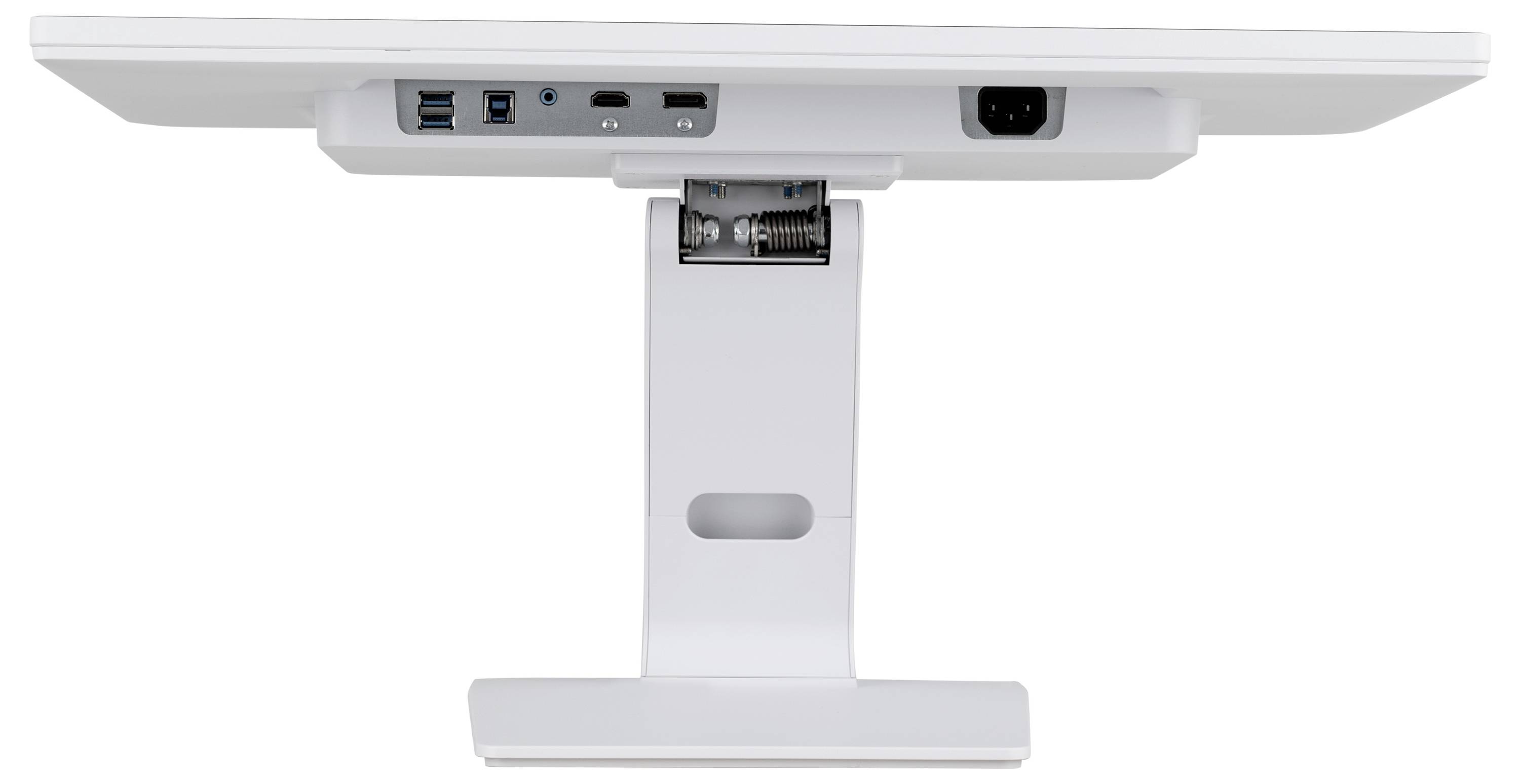 Rückansicht eines weißen Monitors auf einem Ständer, die Anschlüsse zeigt, darunter USB, HDMI, Stromversorgung und Ethernet, wobei die Konnektivitätsoptionen hervorgehoben werden.