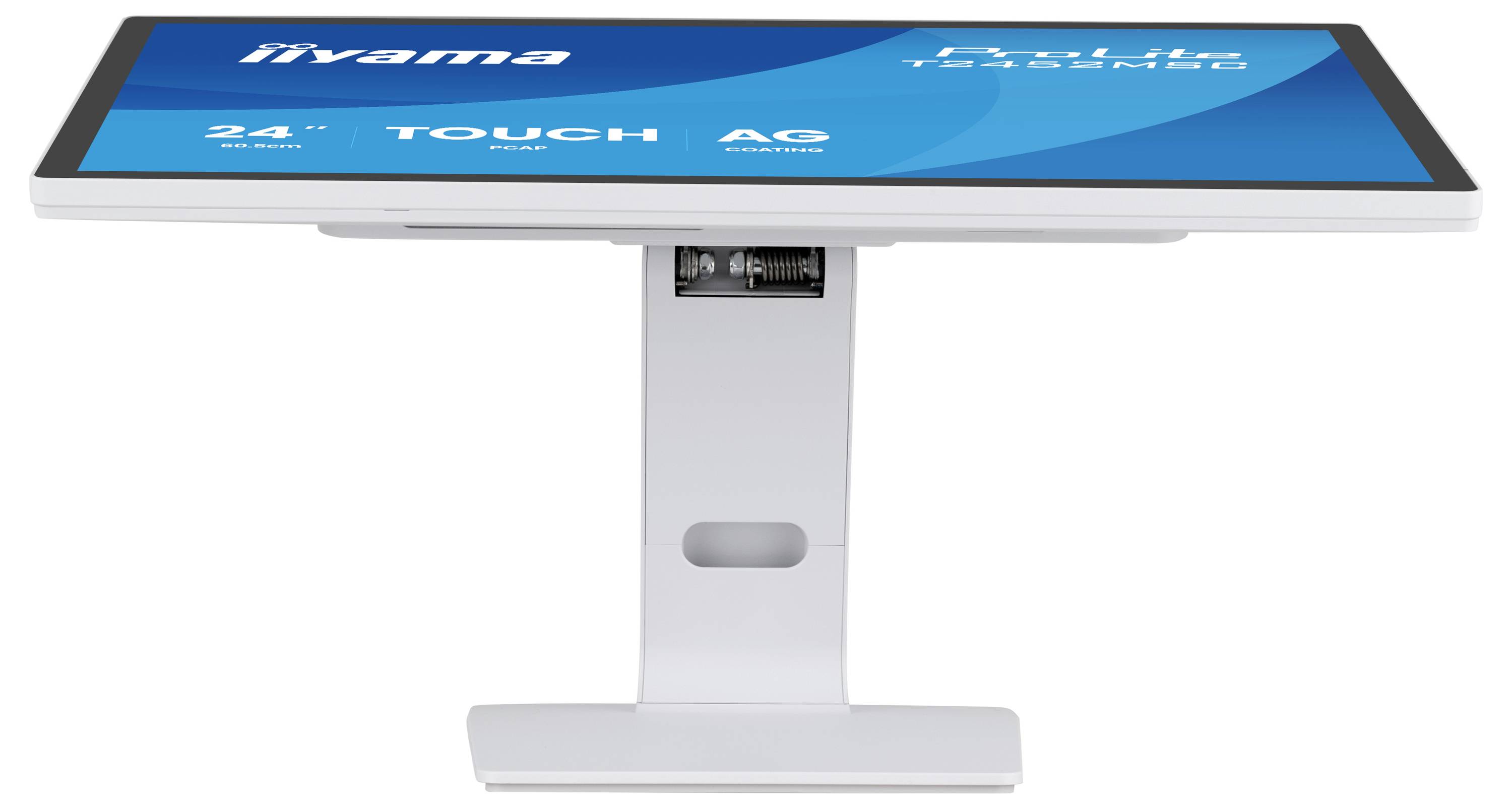 Ein weißer 24-Zoll-Touchmonitor mit blauem Bildschirm, auf dem das Markenlogo iiyama angezeigt wird, und mit Funktionen wie Touch-Panel und AG-Beschichtung.