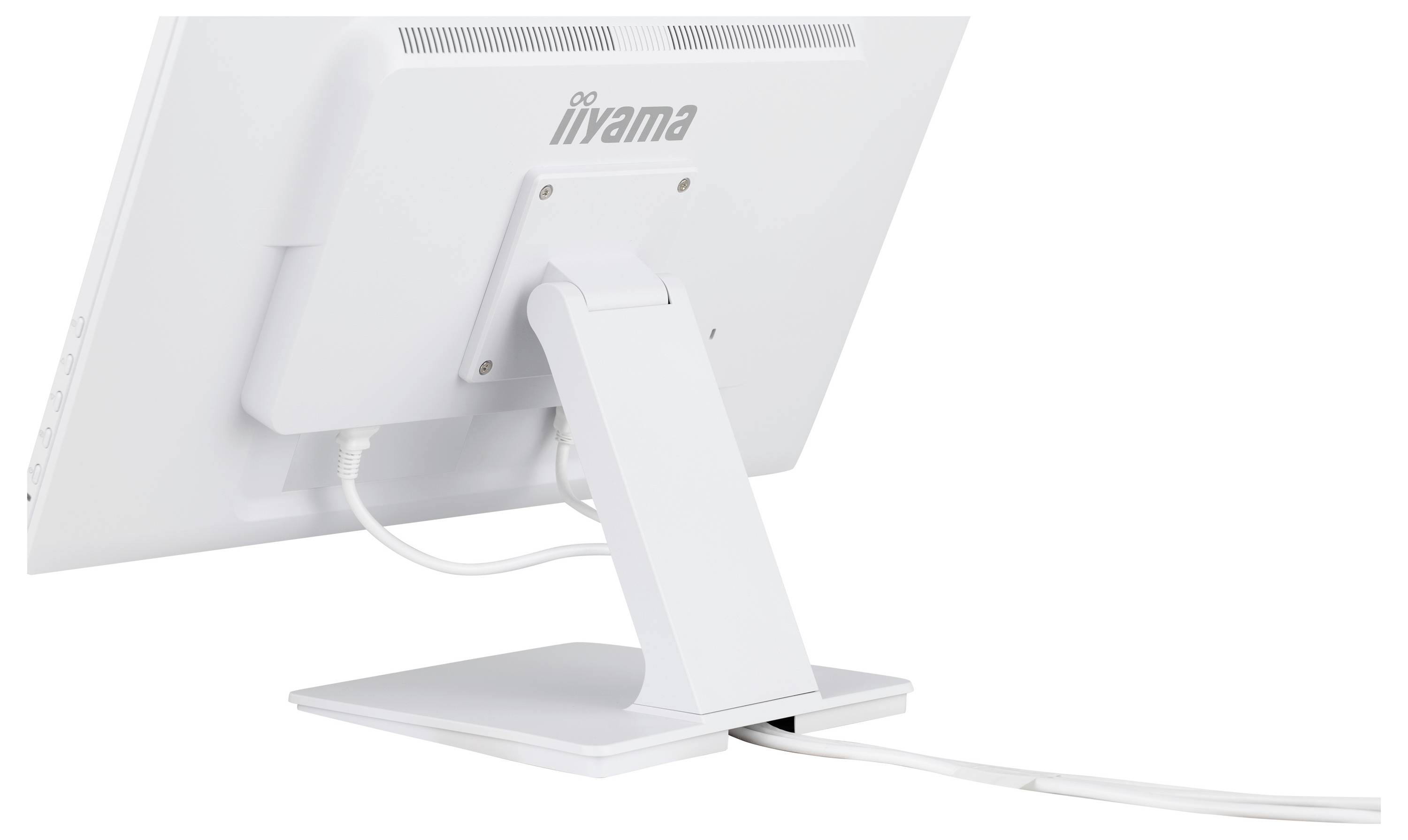 Ein weißer Computermonitor von hinten betrachtet, mit der Marke 