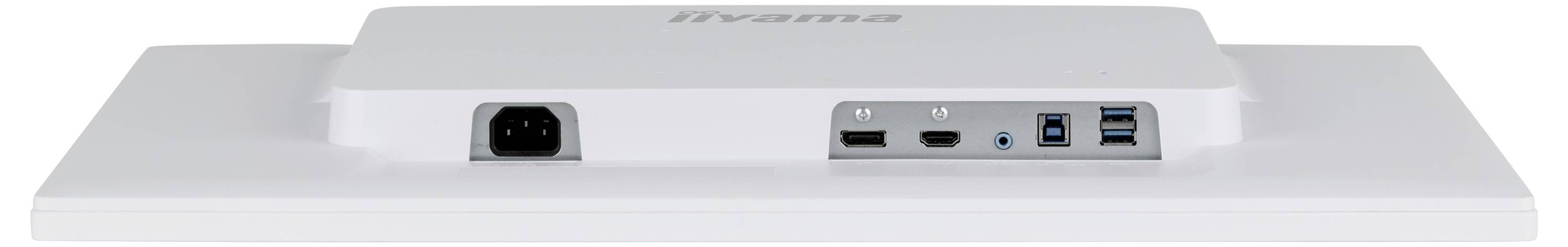 Rückansicht eines weißen Monitors mit Stromeingabebuchse, HDMI, DisplayPort, USB-Anschlüssen und 