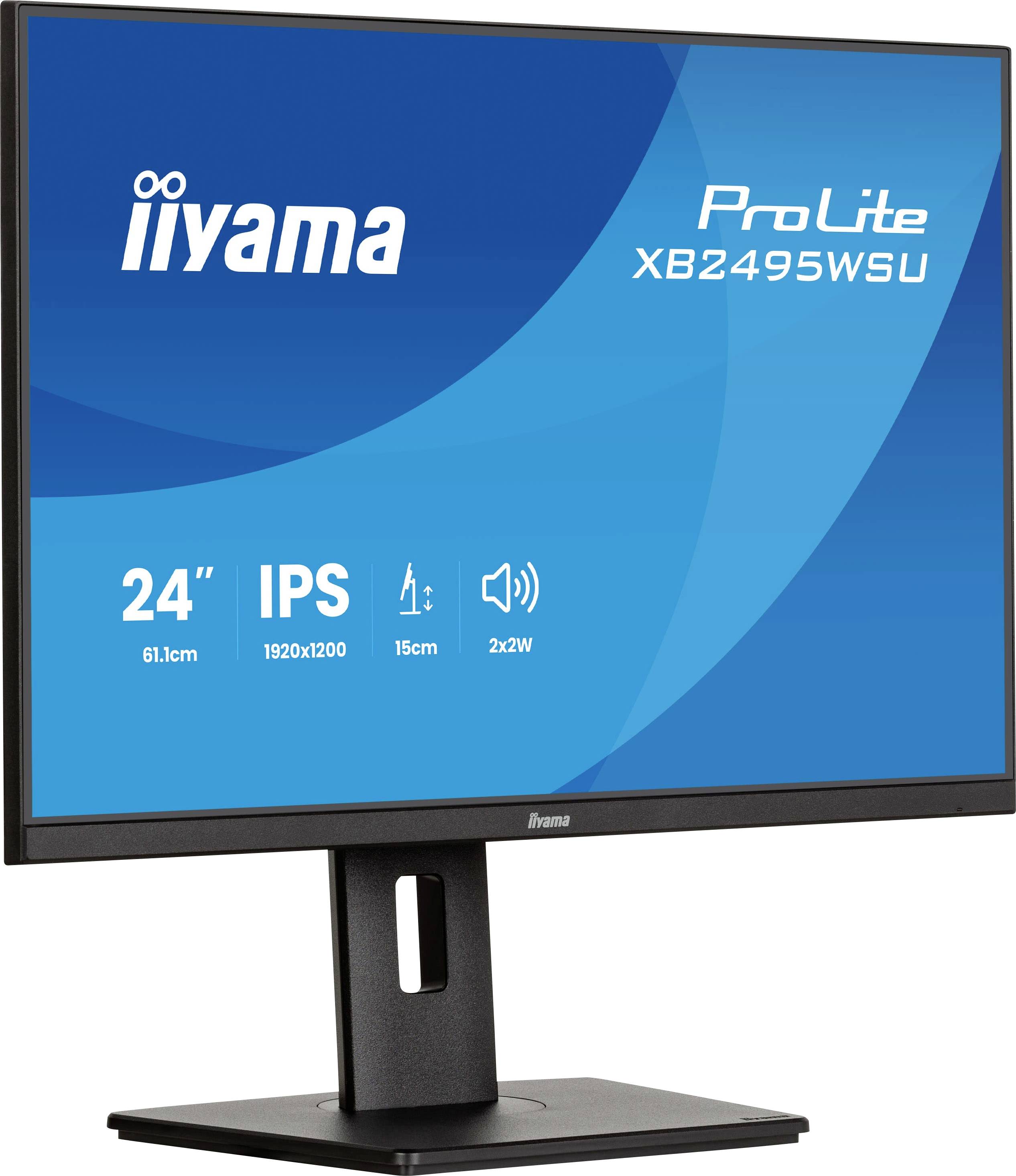 Iiyama ProLite XB2495WSU 24-Zoll-IPS-Monitor frontal dargestellt, mit Bildschirm, der Produktspezifikationen und Symbole anzeigt.