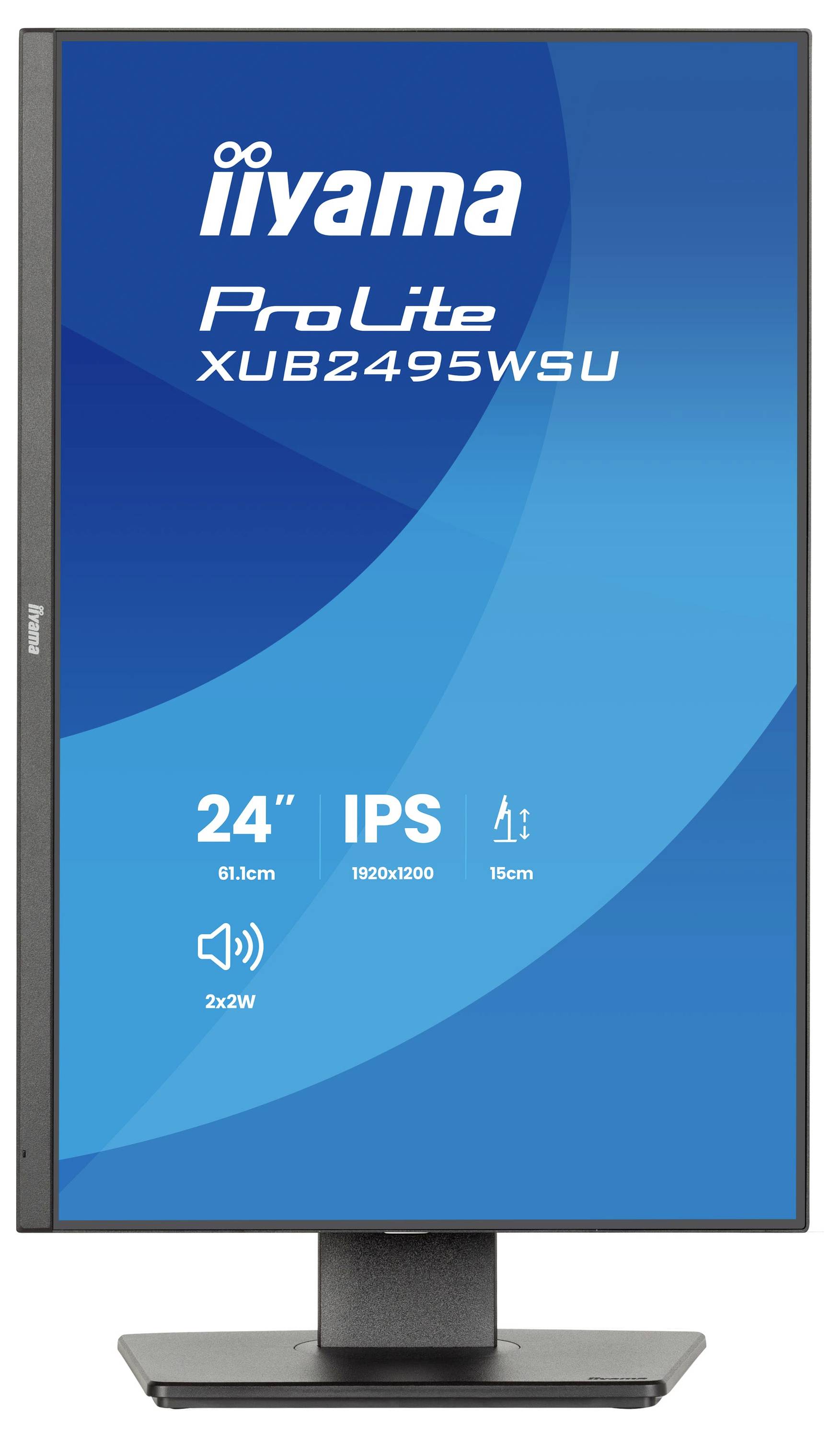 Aufrechter Computermonitor, der einen blauen Bildschirm mit dem Text „iiyama ProLite XUB2495WSU