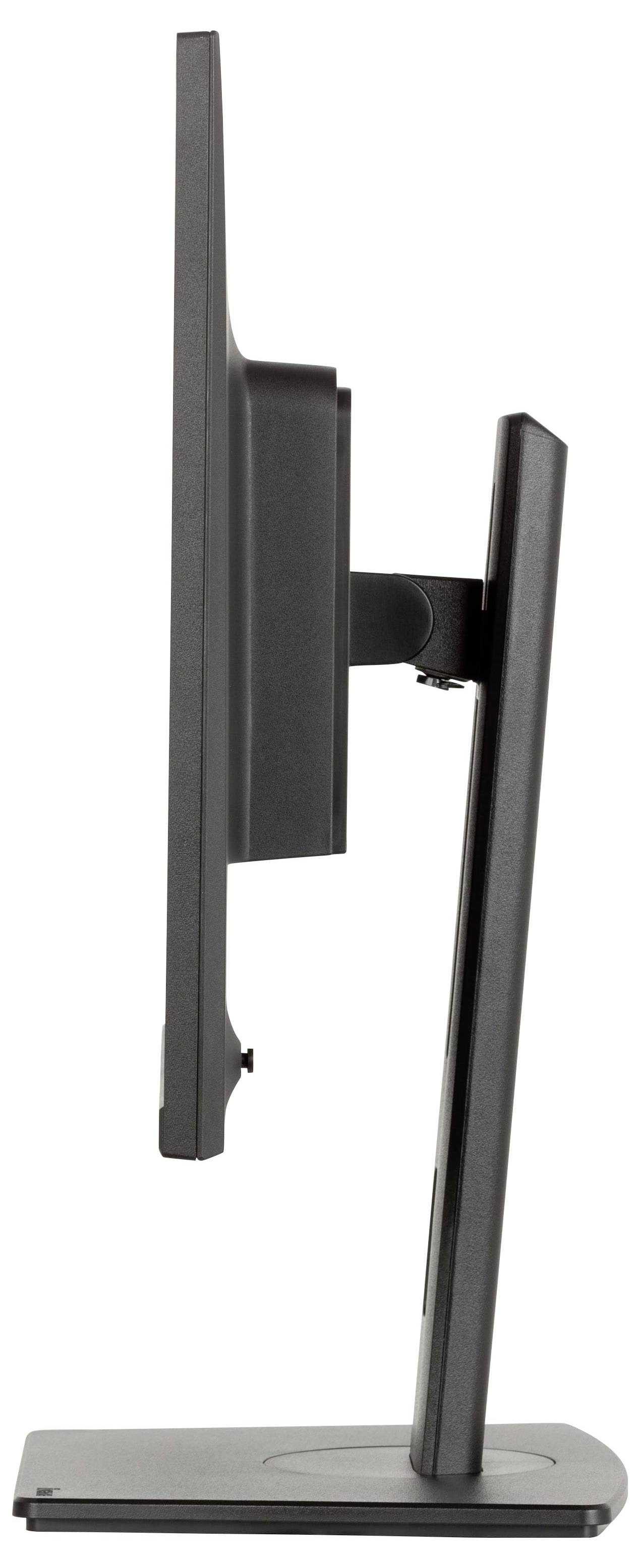 Ein Computermonitor von der Seite betrachtet, wobei sein schlankes Profil und der verstellbare Ständer angezeigt werden.