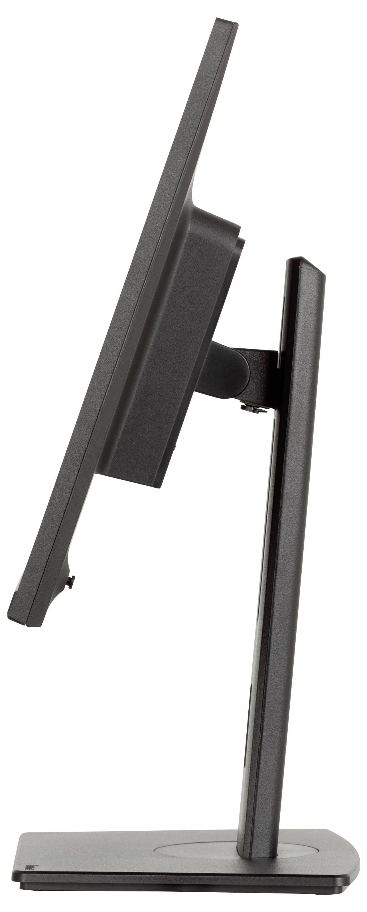 Eine Seitenansicht eines eleganten, modernen Computermonitors mit dünnem Rahmen, verstellbarem Ständer und flacher Basis, die sein schlankes, minimalistisches Design präsentiert.