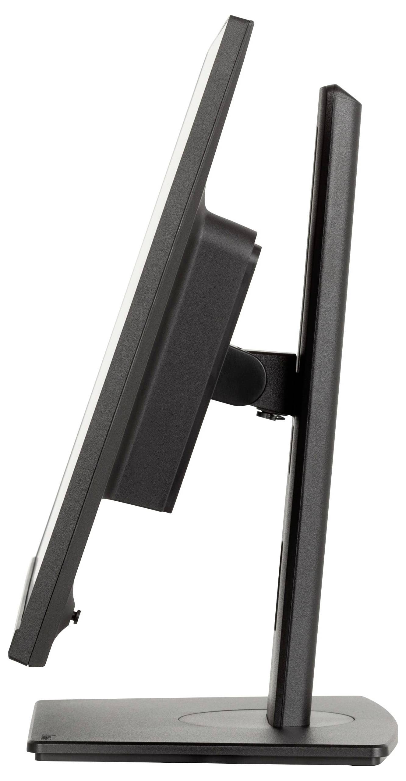 Eine Seitenansicht eines flachen Computerbildschirms mit schlankem Profil auf einem rechteckigen Standfuß.