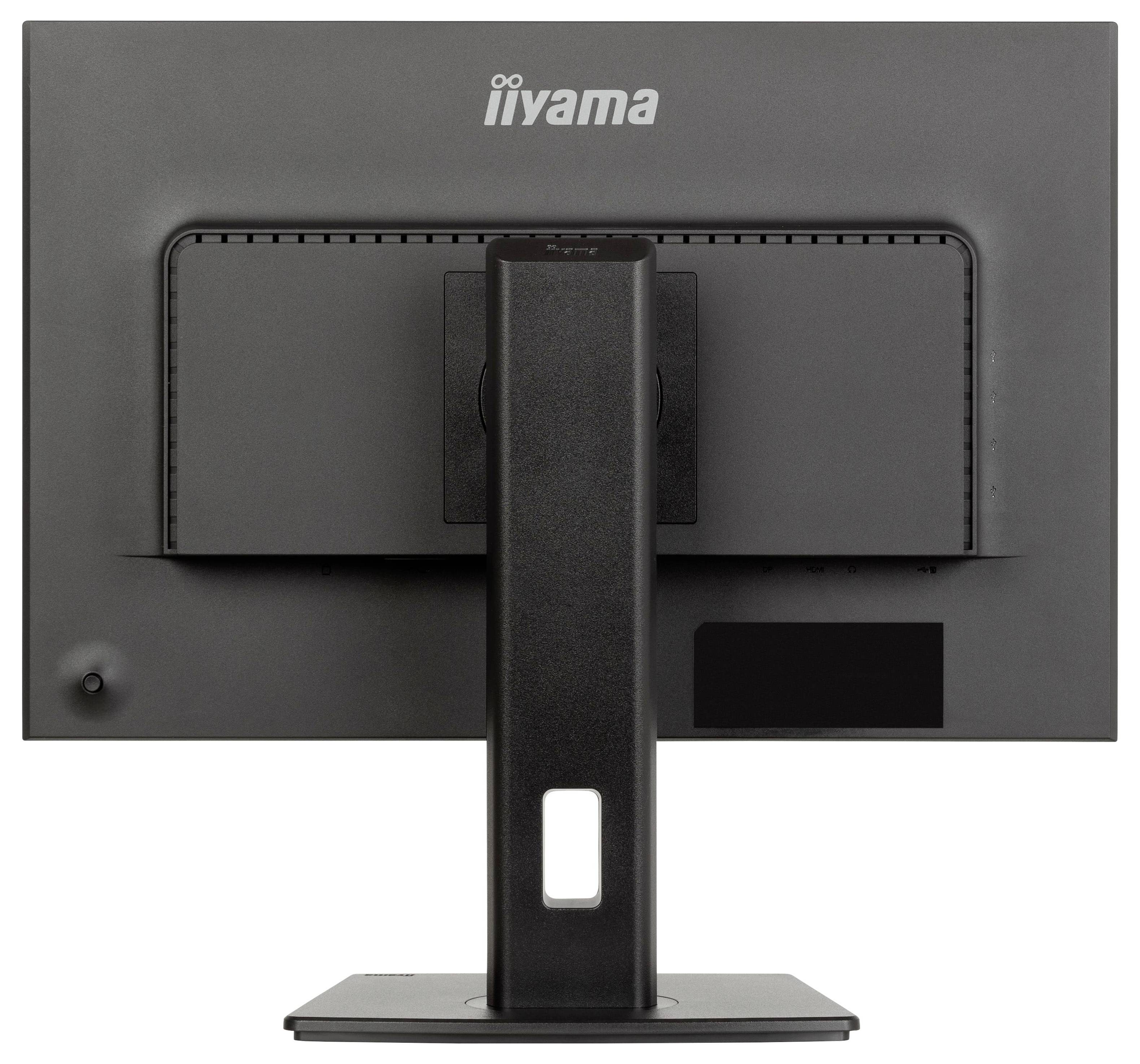 Das Bild zeigt die Rückansicht eines schwarzen Computermonitors mit einem Ständer und einem Markenlogo oben.