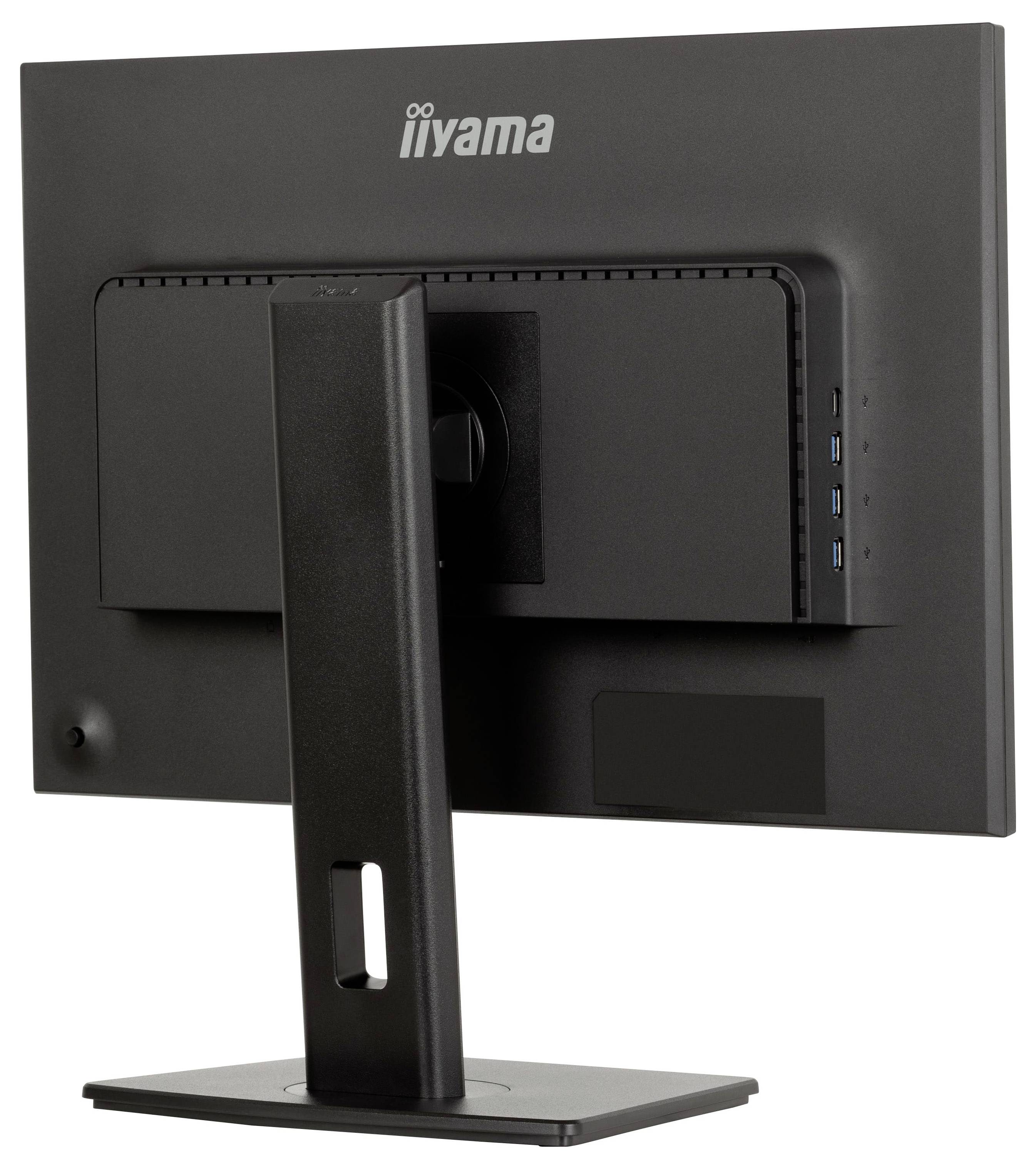 Ein schwarzer Computermonitor von hinten betrachtet, mit dem Ständer und USB-Anschlüssen auf der rechten Seite sichtbar. Der Markenname „iiyama
