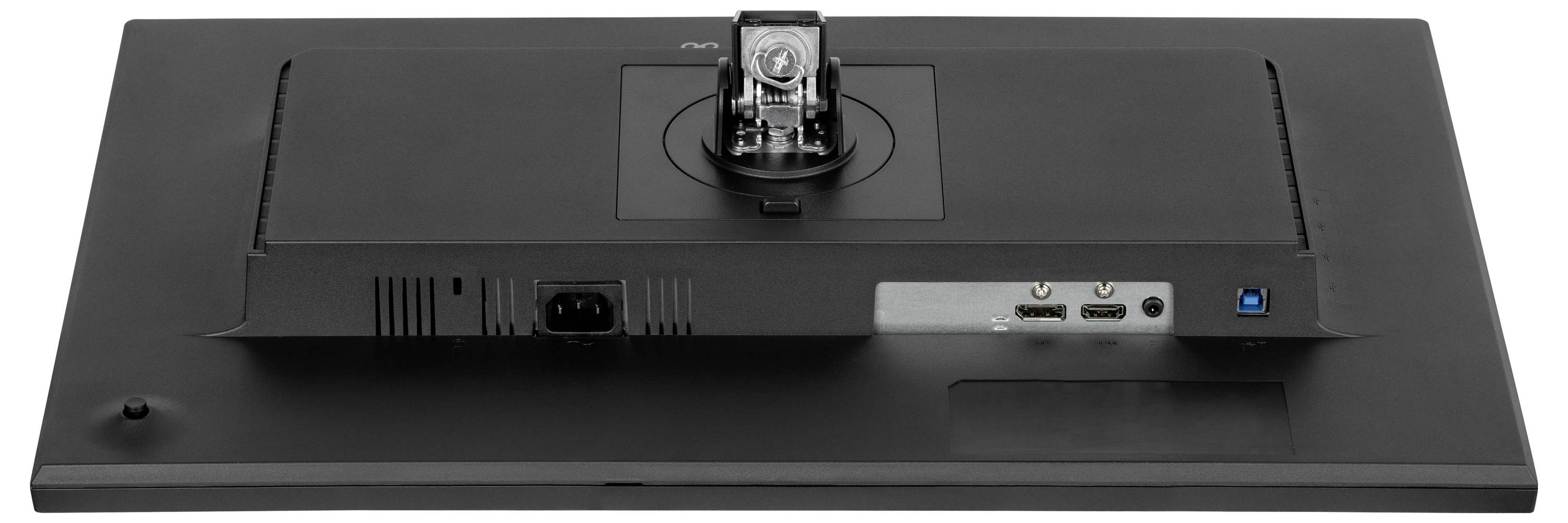 Das Bild zeigt die Rückseite eines schwarzen Monitors mit Anschlüssen für Verbindungen, einschließlich HDMI, DisplayPort und eine Stromeingabe.