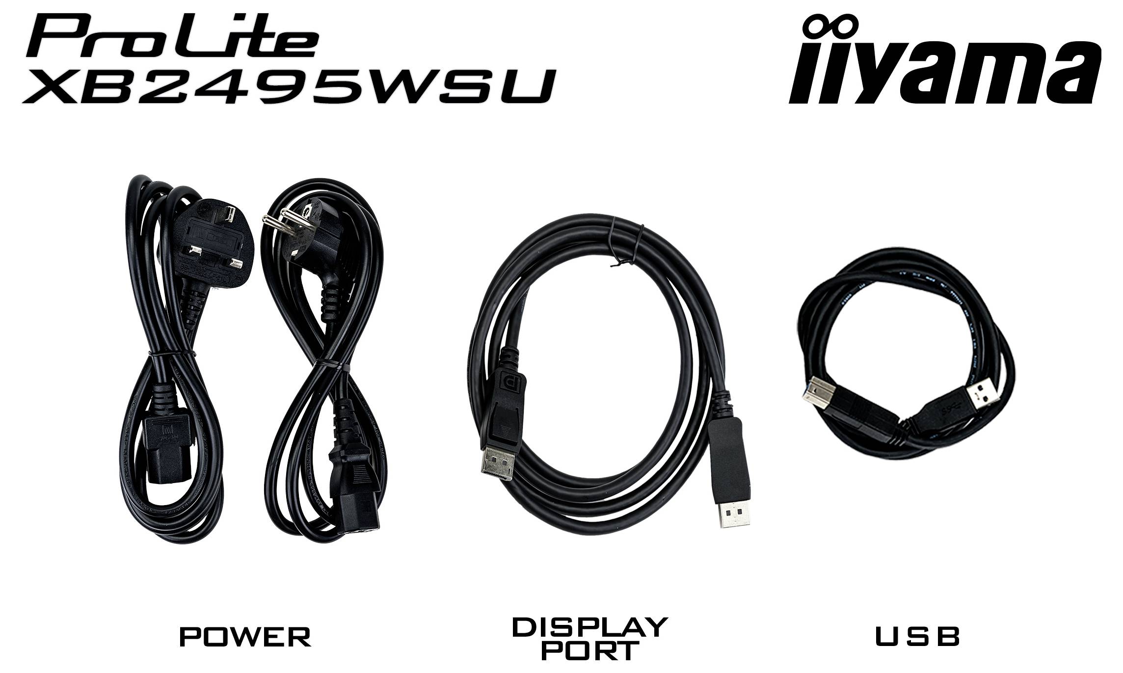 Das Bild zeigt drei Kabel mit der Beschriftung unter dem Monitor „ProLite XB2495WSU