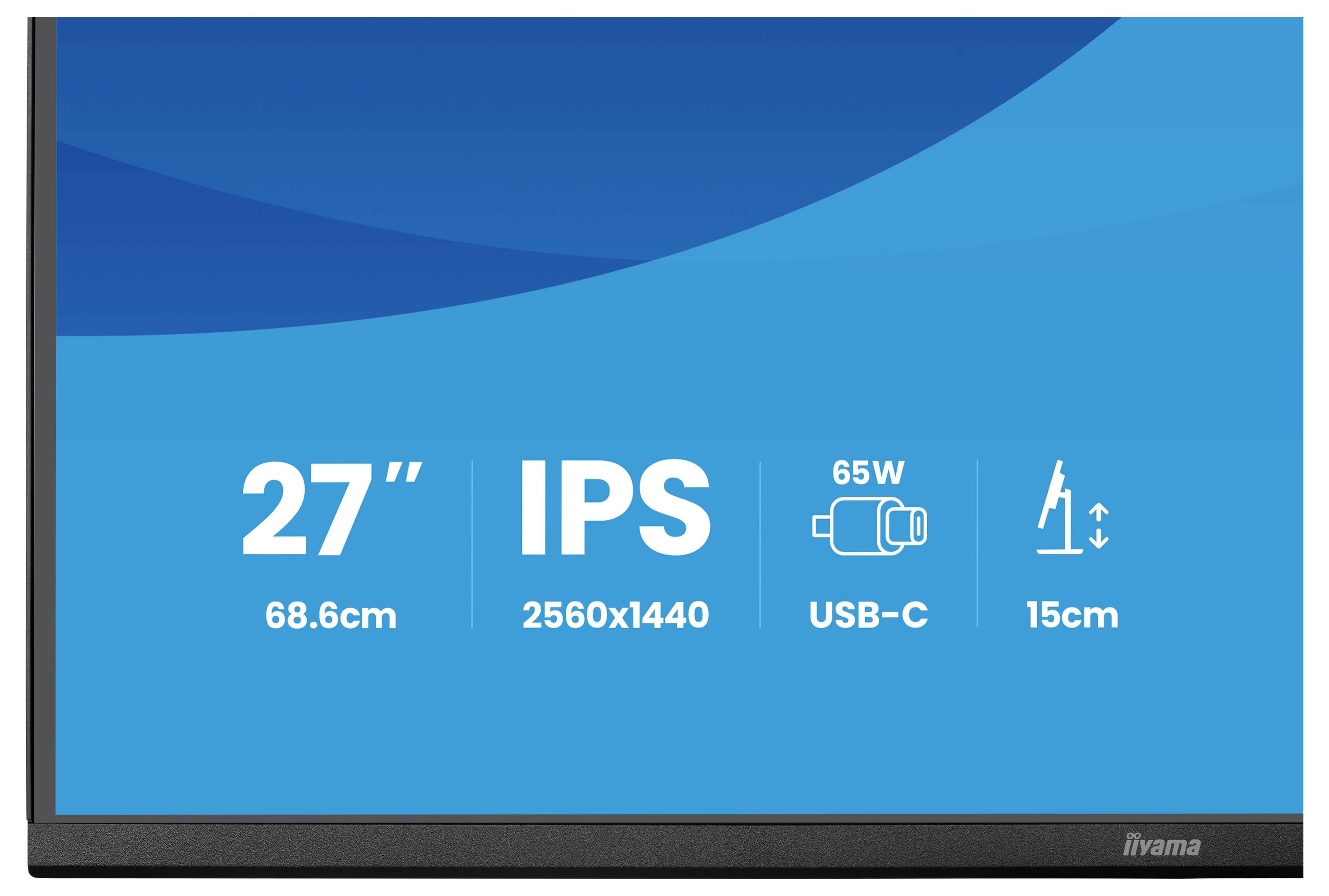 27-Zoll-IPS-Monitor mit einer Auflösung von 2560x1440, mit USB-C, 65W Stromversorgung und einer Höhenverstellung von 15cm.