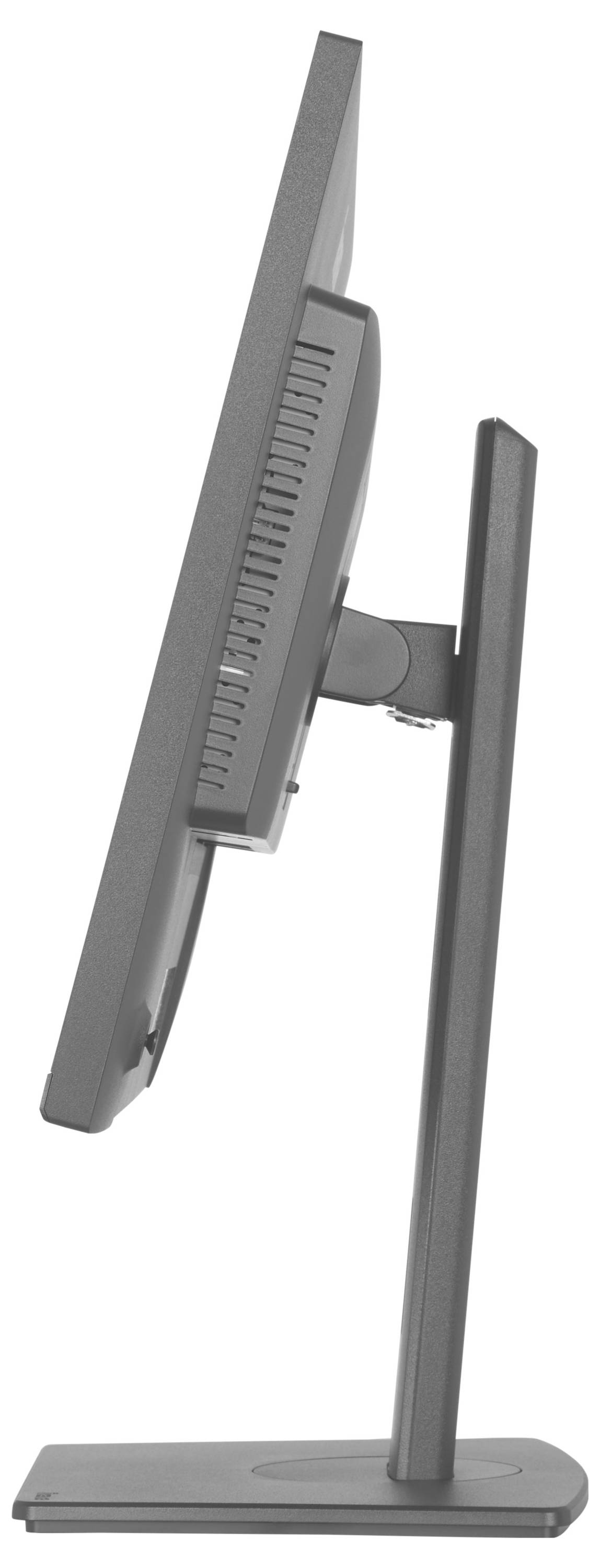 Seitenansicht eines dünnen, modernen Computermonitors auf einem Ständer. Der Bildschirm neigt sich leicht nach hinten und zeigt ein elegantes, minimalistisches Design.